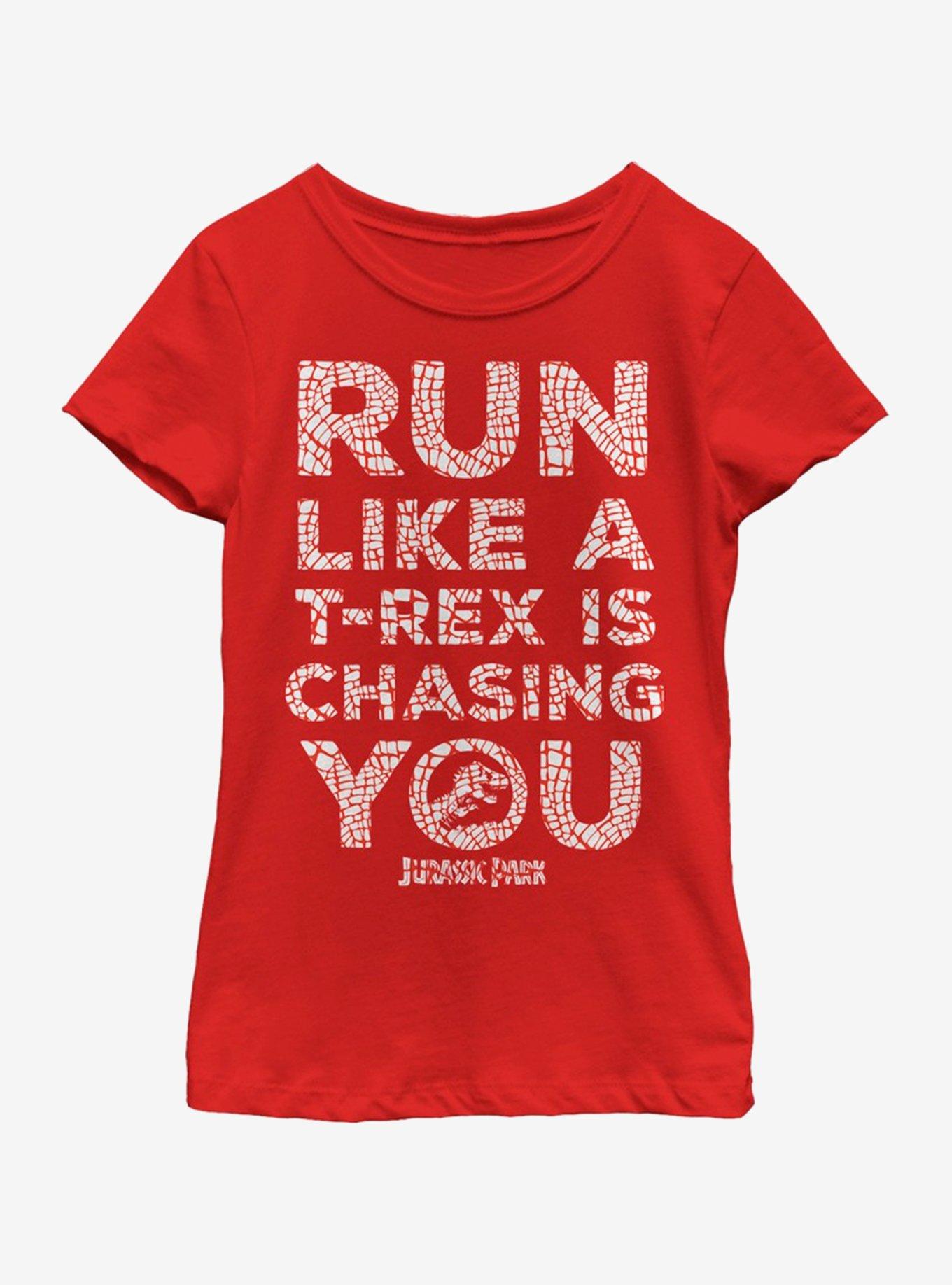 Jurassic Park T-Rex Chase Solid Youth Girls T-Shirt, RED, hi-res