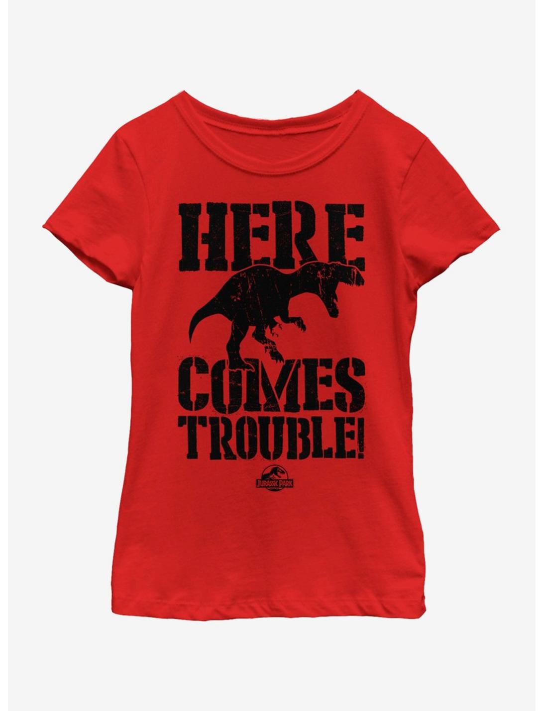 Jurassic Park Dino Trouble Youth Girls T-Shirt, RED, hi-res