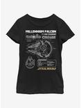 Star Wars Falcon Schematic Youth Girls T-Shirt, BLACK, hi-res