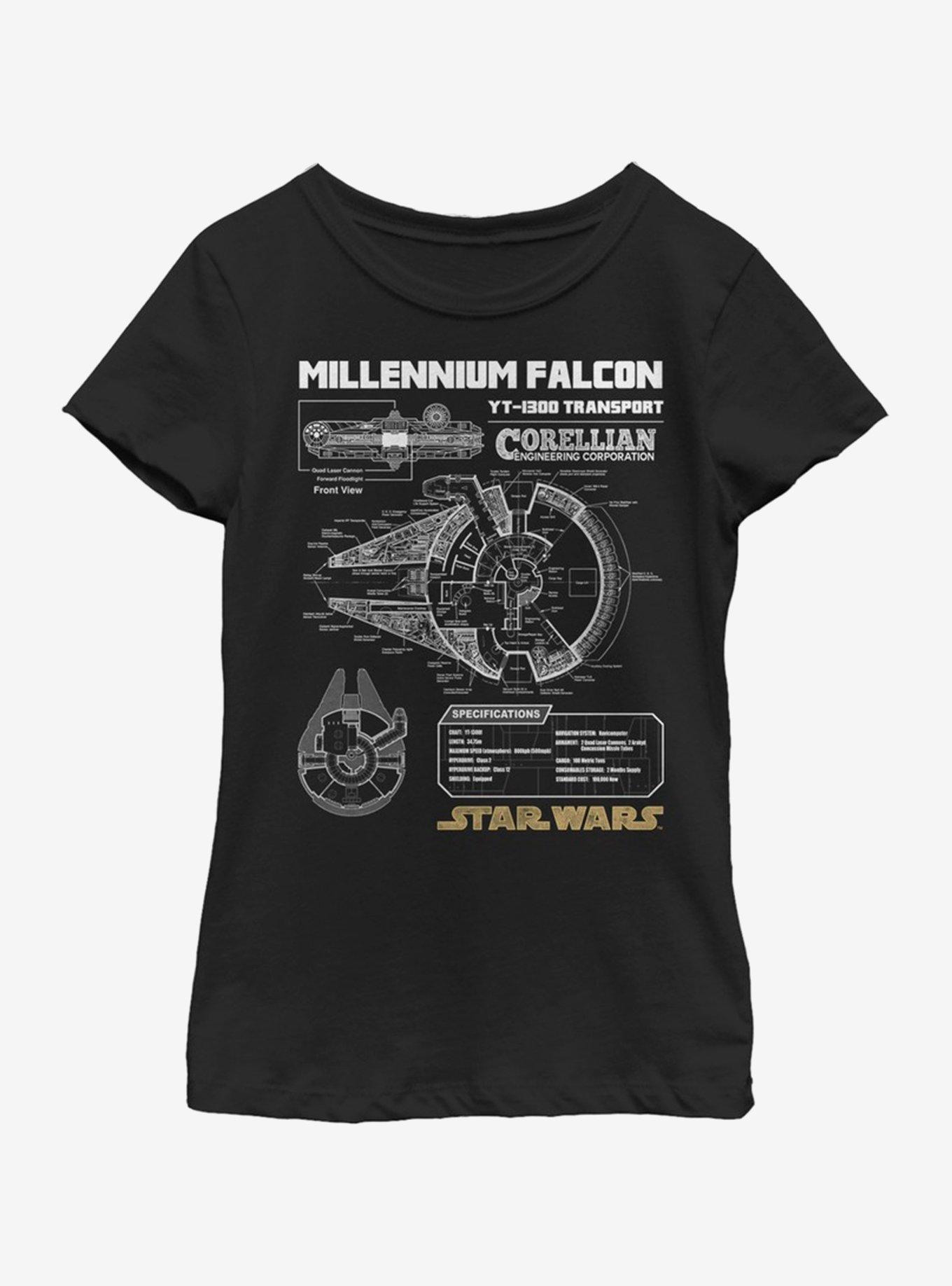 Star Wars Falcon Schematic Youth Girls T-Shirt, , hi-res