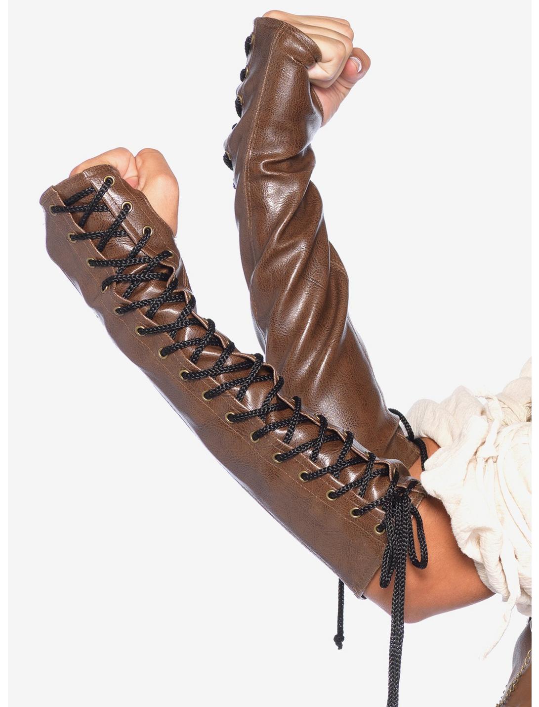 Brown Faux Leather Lace Up Arm Warmer, BROWN, hi-res