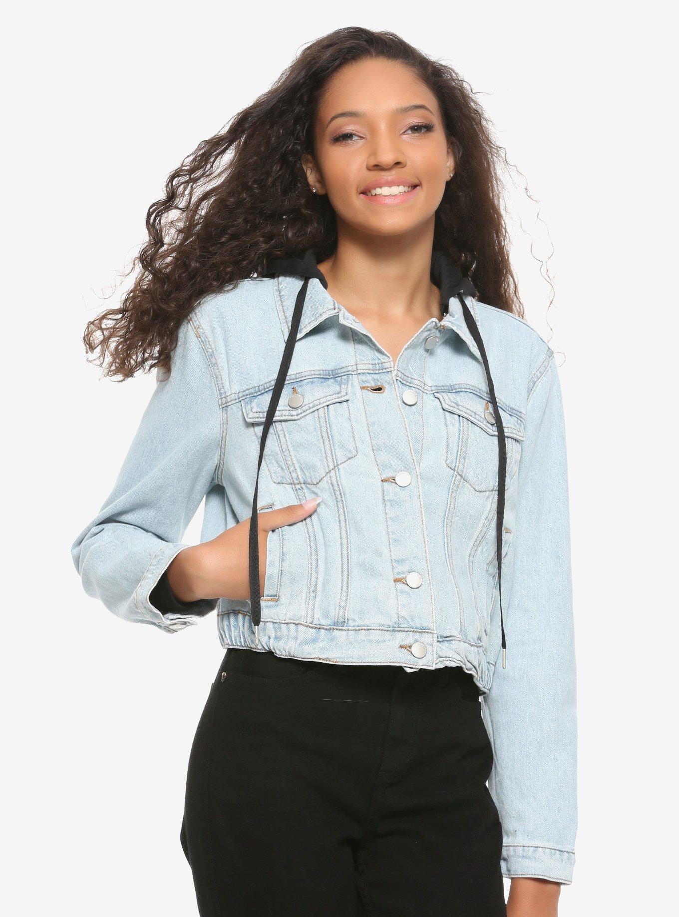 Black Hooded Light Wash Girls Denim Jacket, BLACK, hi-res