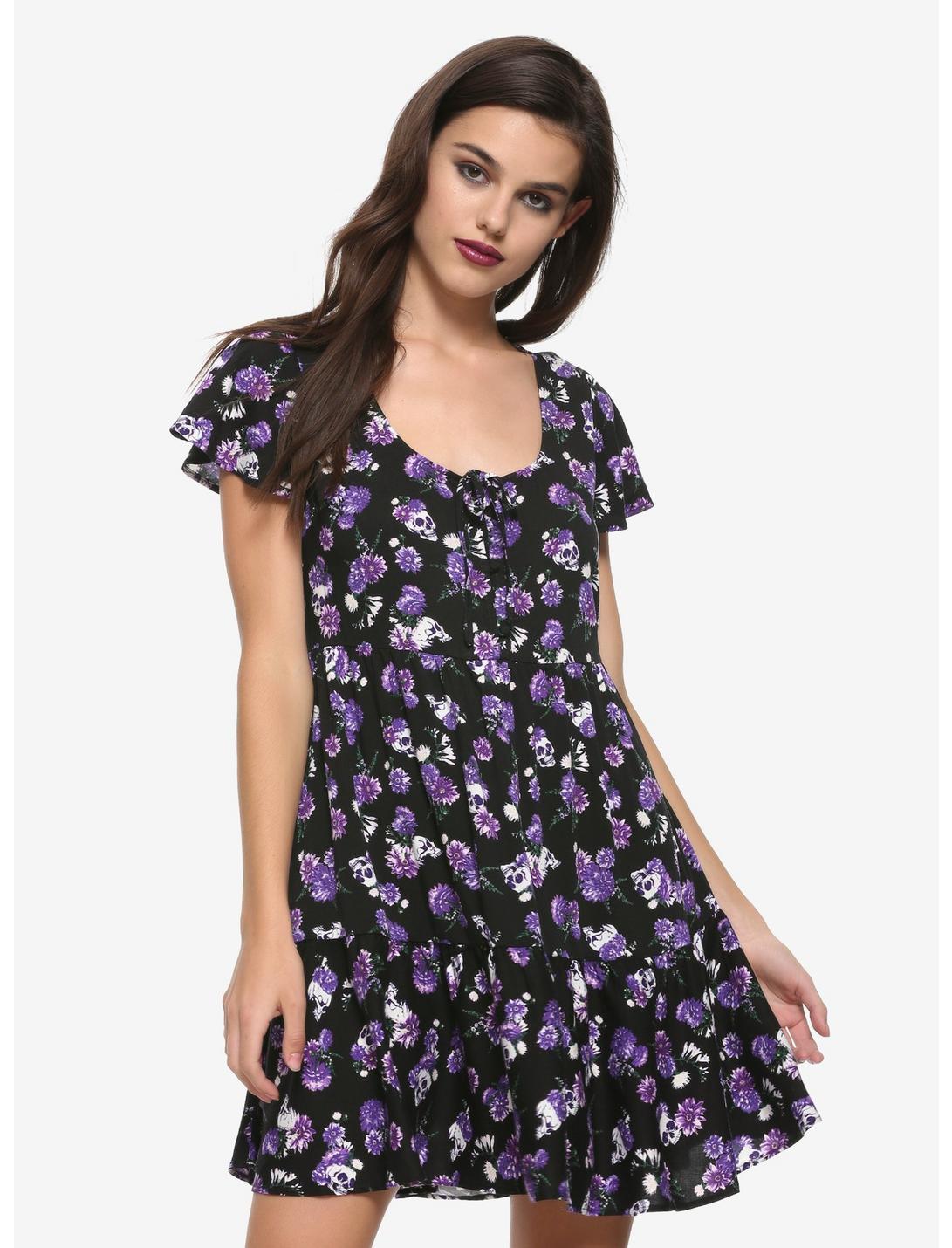 Purple Flowers & Skulls Dress, FLORAL - PURPLE, hi-res