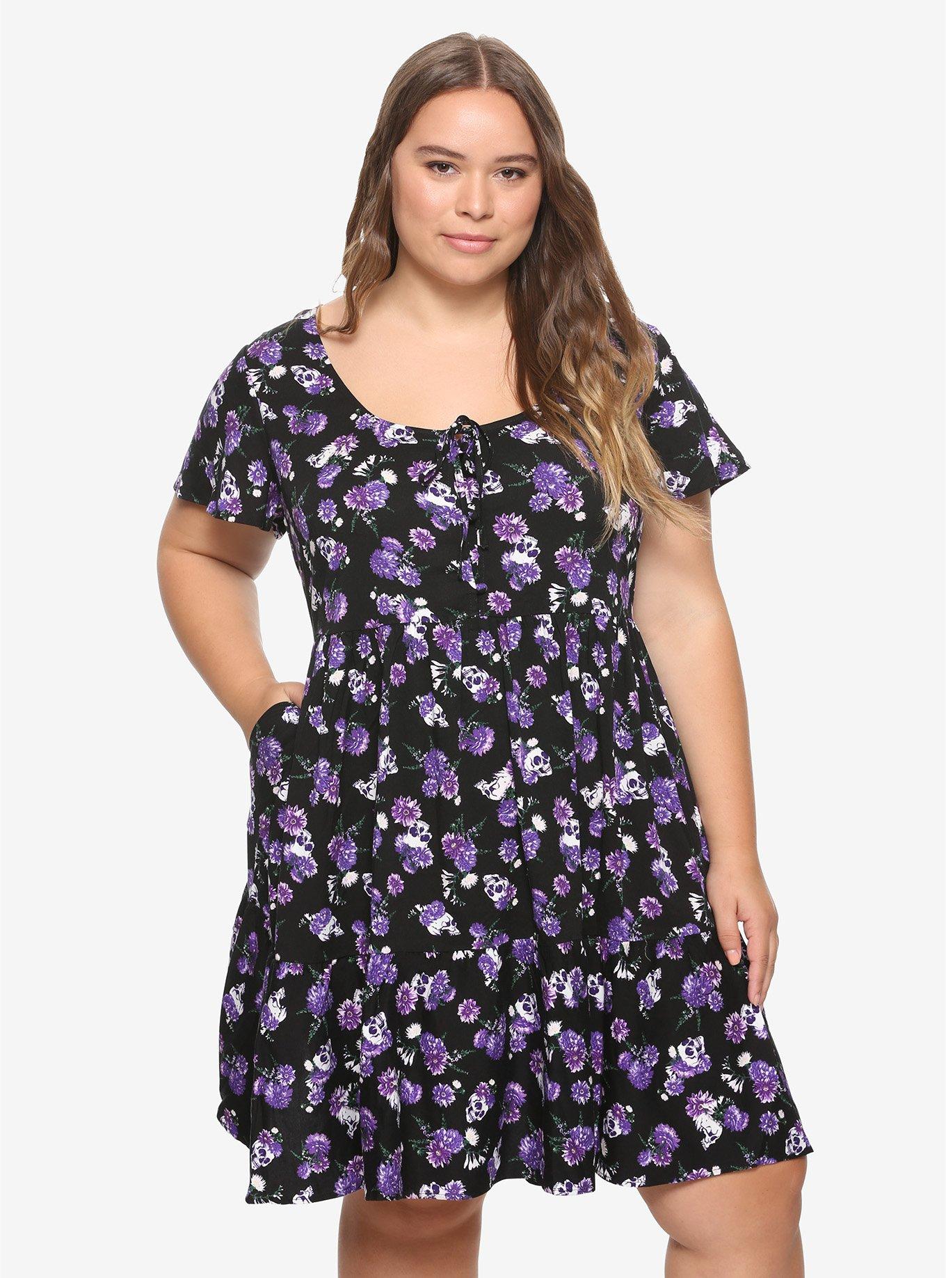 Purple Flowers & Skulls Dress Plus Size, FLORAL - PURPLE, hi-res