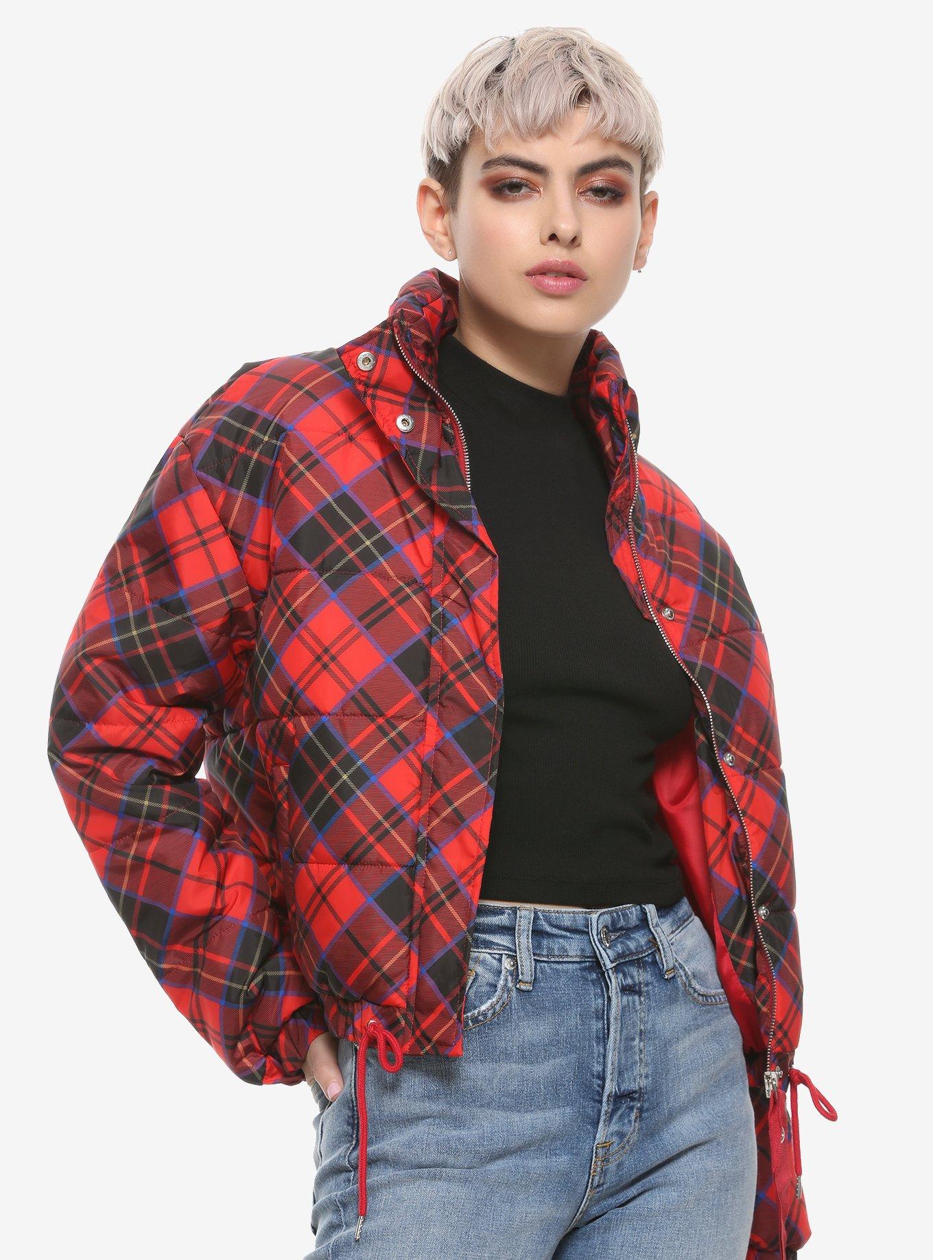 Red Plaid Girls Puffer Jacket, BLACK, hi-res