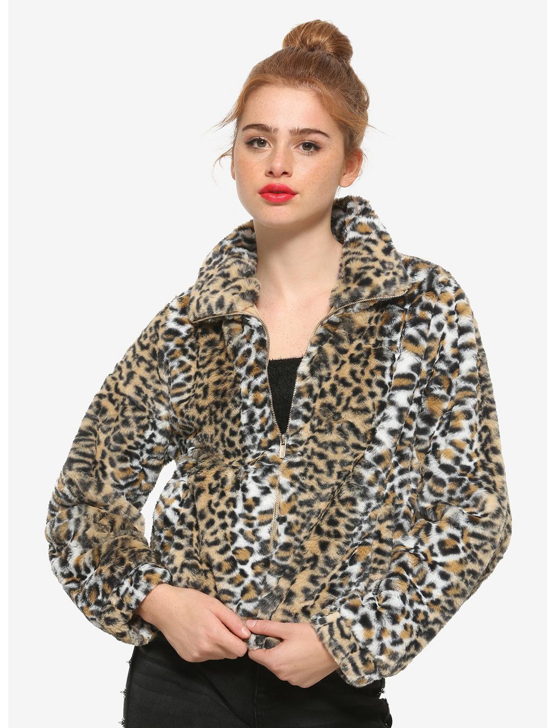 Leopard Print Faux Fur Girls Bomber Jacket, ANIMAL, hi-res