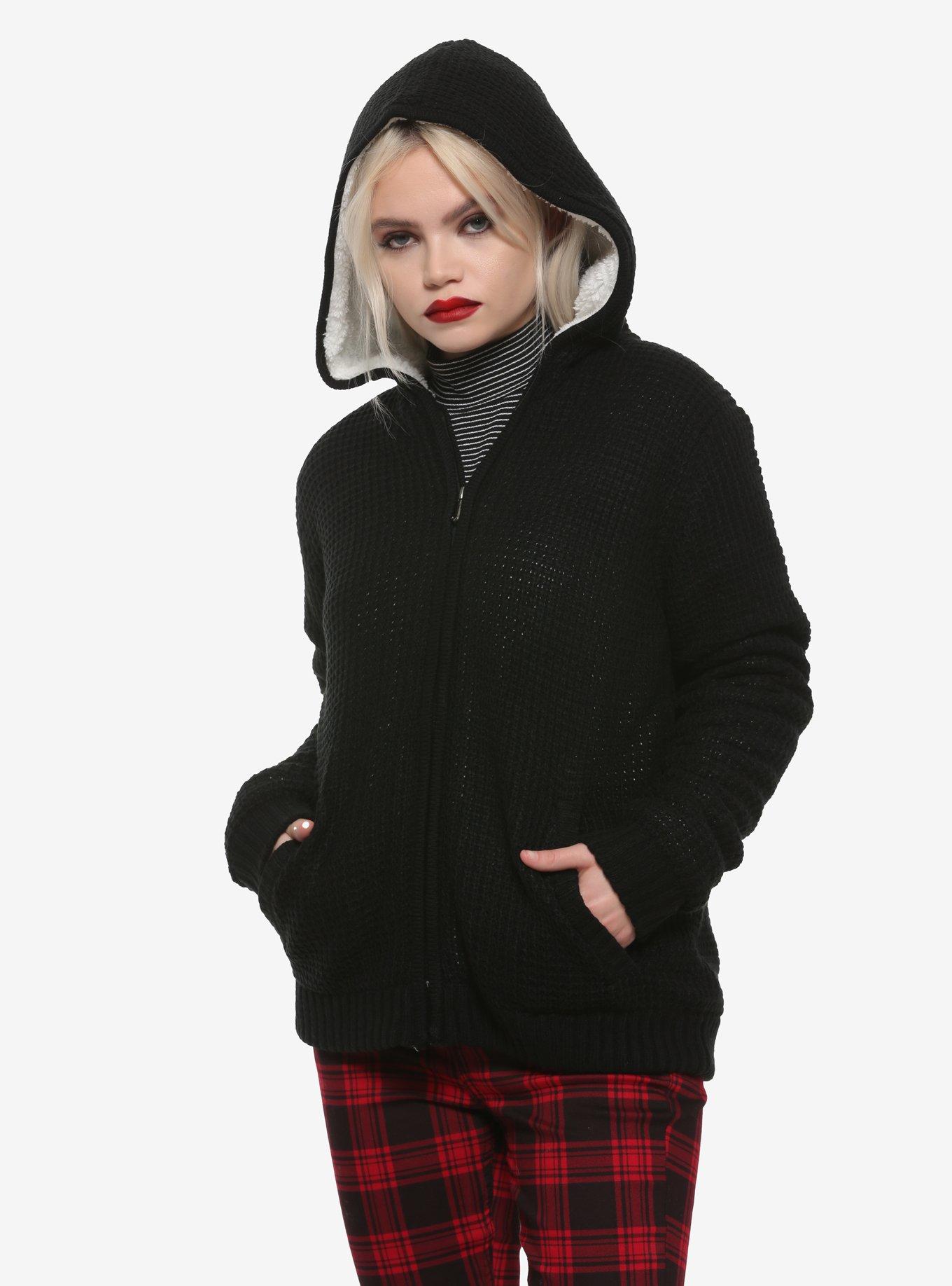 Black Sherpa-Lined Zip-Up Girls Hooded Sweater, WHITE, hi-res