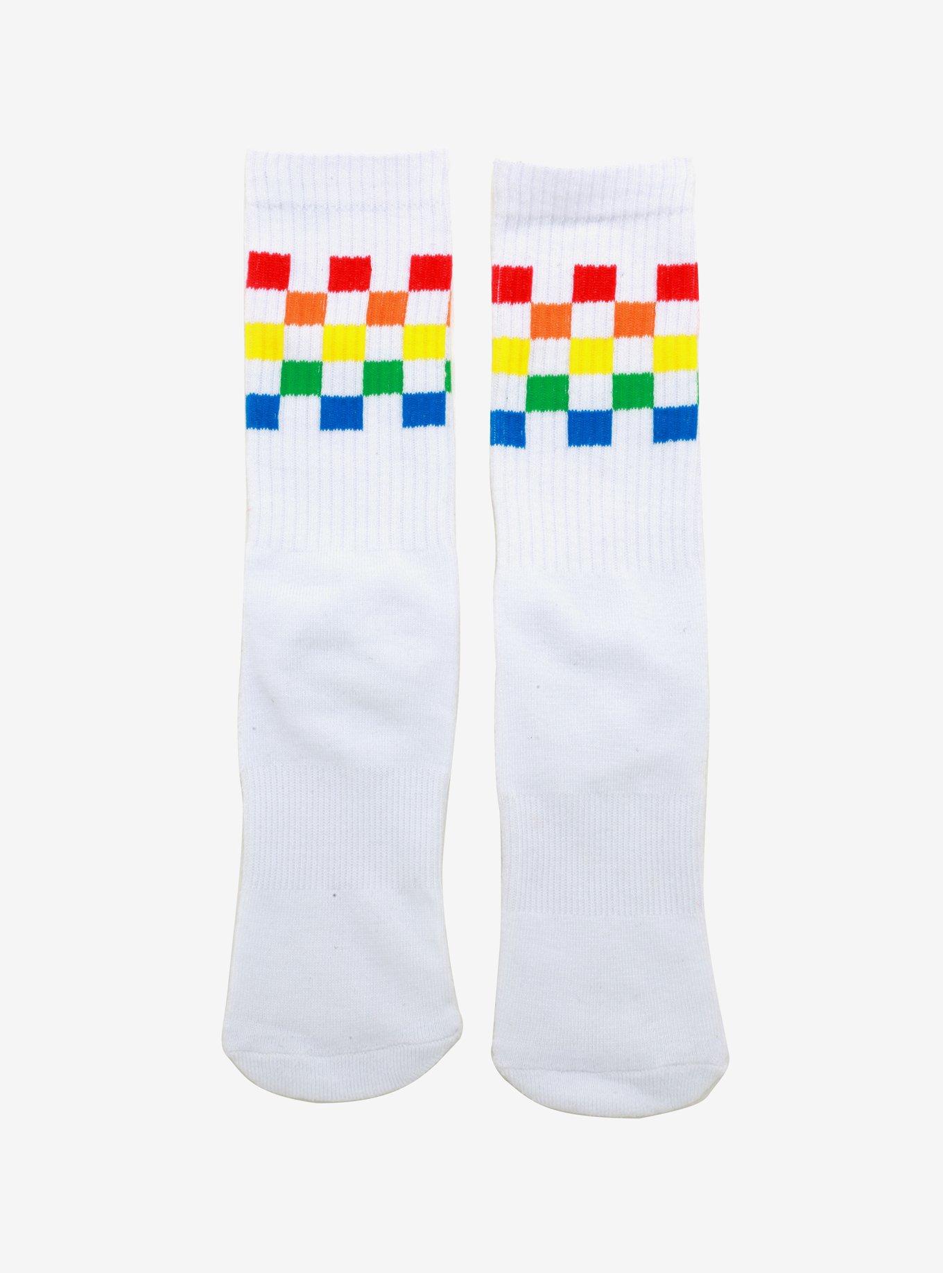 Rainbow Checkered Crew Socks, , hi-res