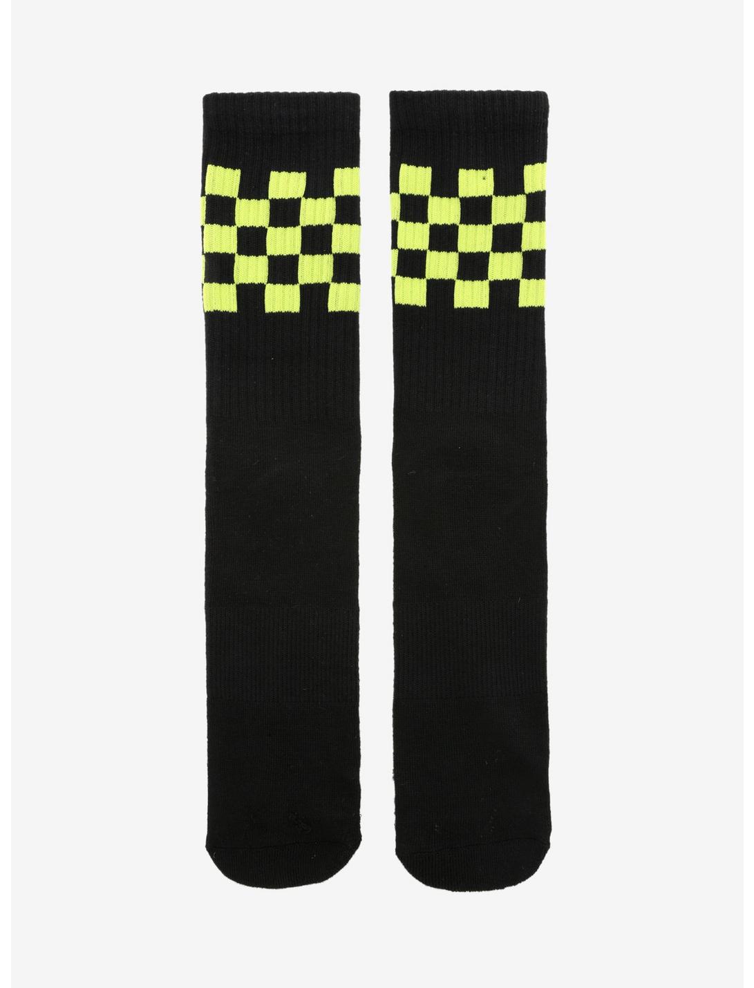 Neon Green Checkered Crew Socks, , hi-res