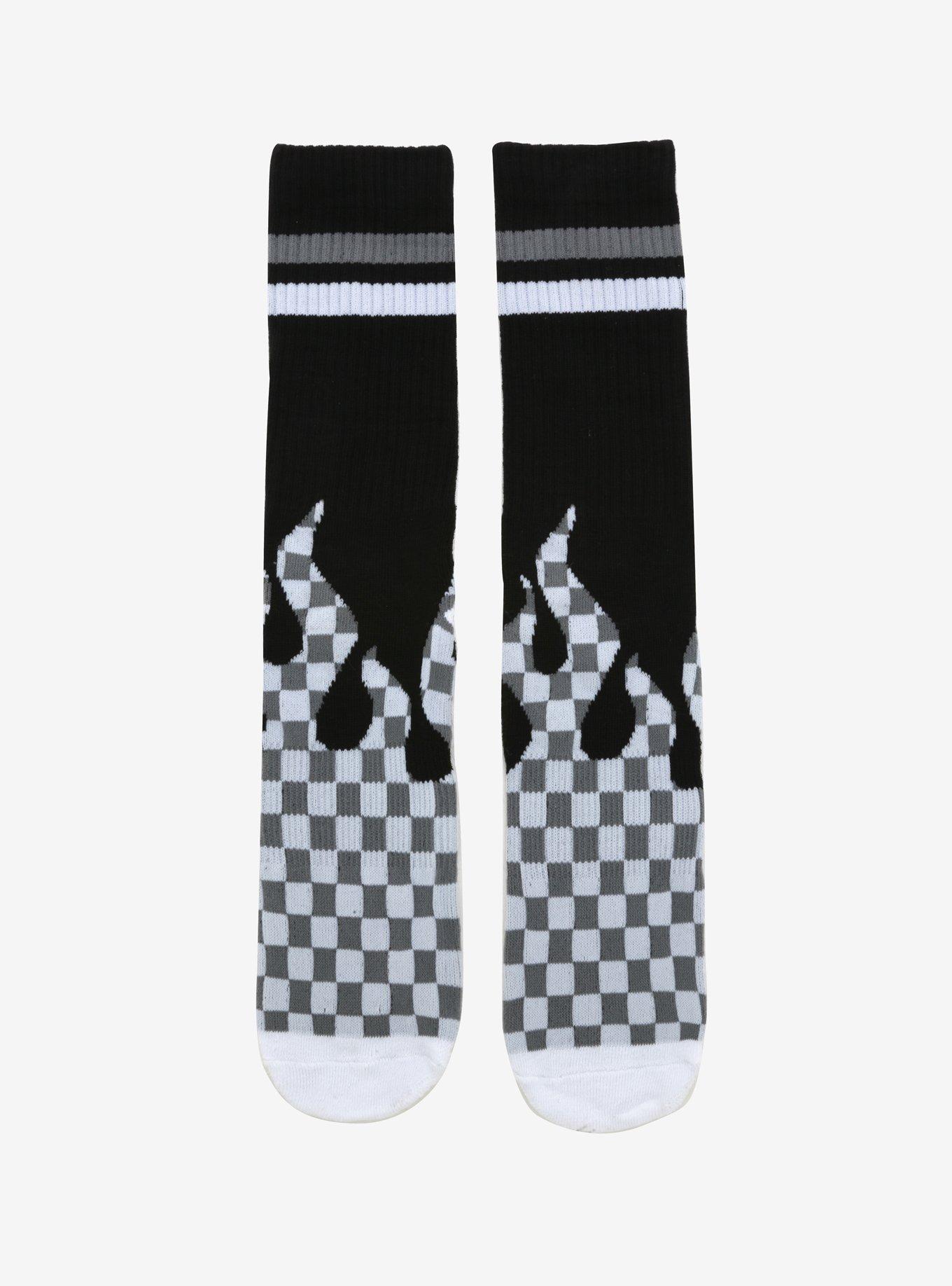 White & Grey Checkered Flame Crew Socks, , hi-res