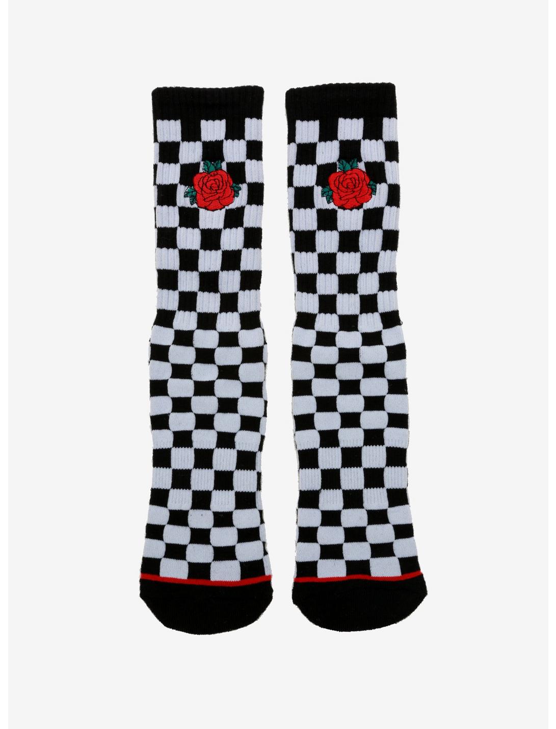 Rose Black & White Checkered Crew Socks, , hi-res