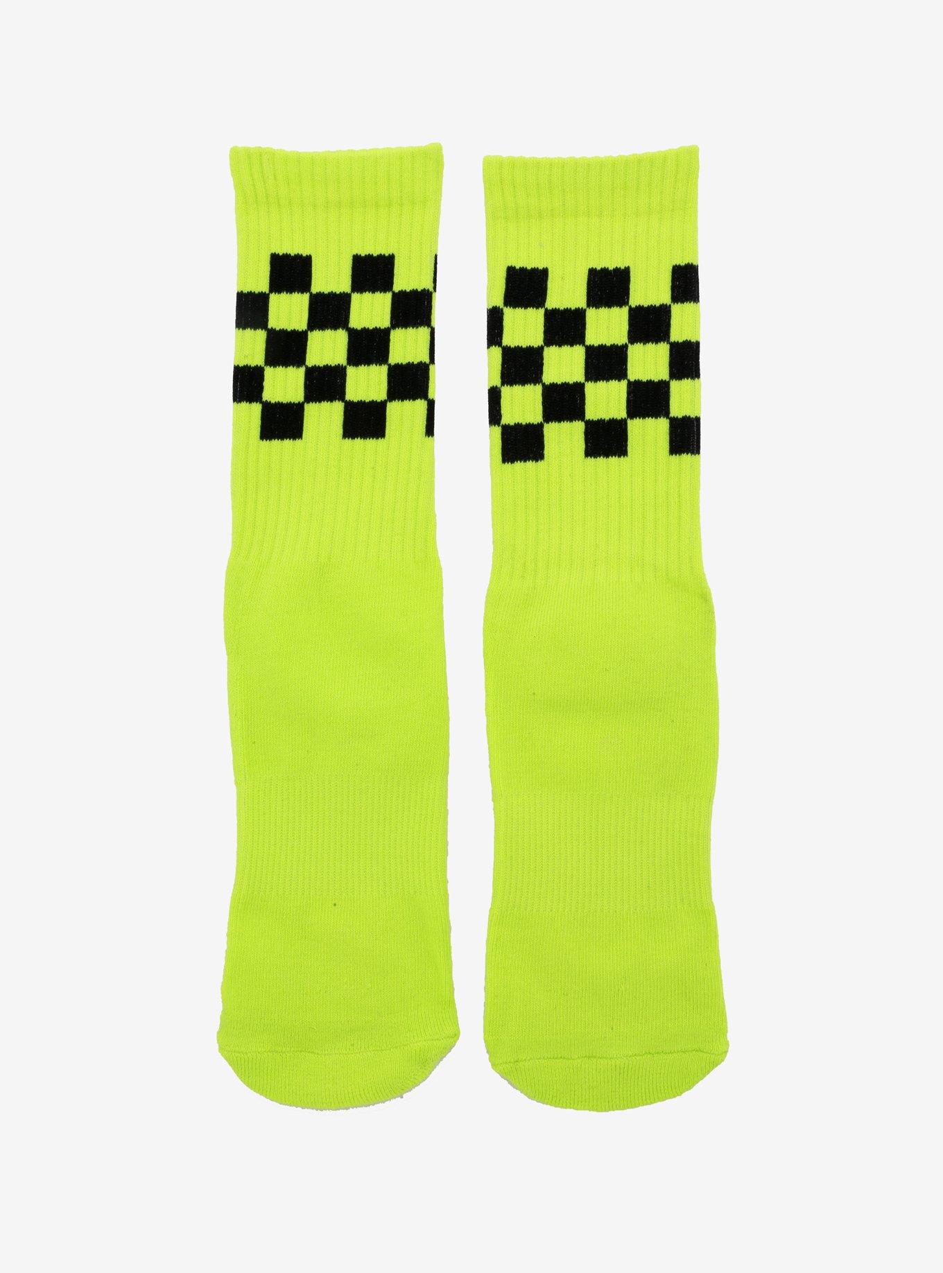 Neon Green With Black Checkered Crew Socks, , hi-res