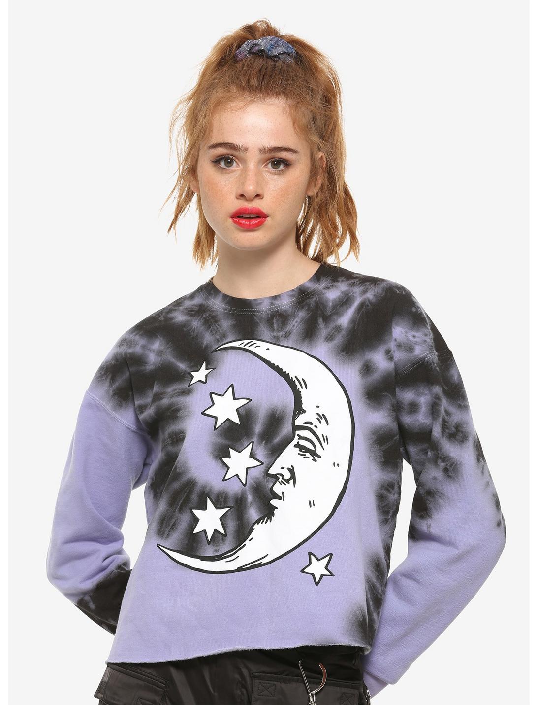 Moon & Stars Purple Tie-Dye Girls Crop Sweatshirt, BLACK, hi-res