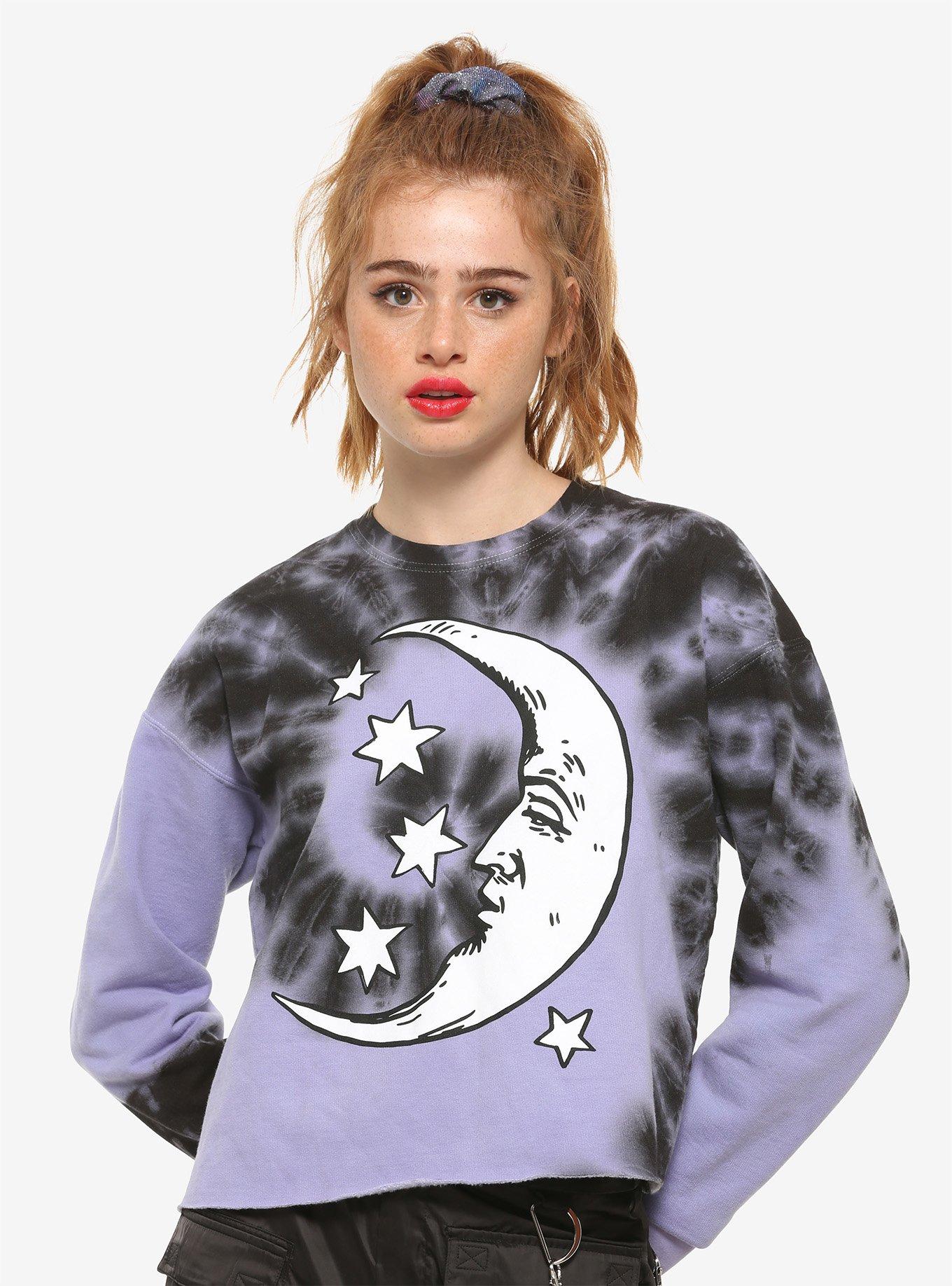 Moon & Stars Purple Tie-Dye Girls Crop Sweatshirt, BLACK, hi-res