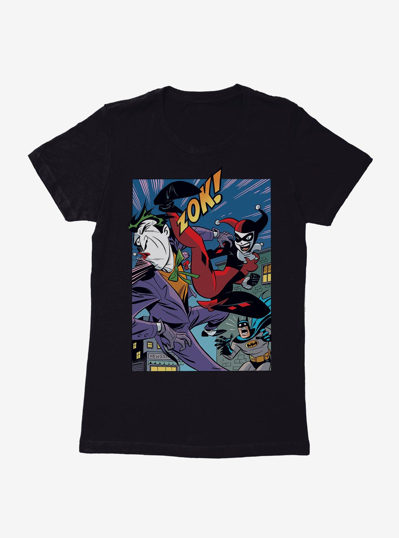 DC Comics Batman The Joker Harley Quinn Kick Womens Black T-Shirt, , hi-res