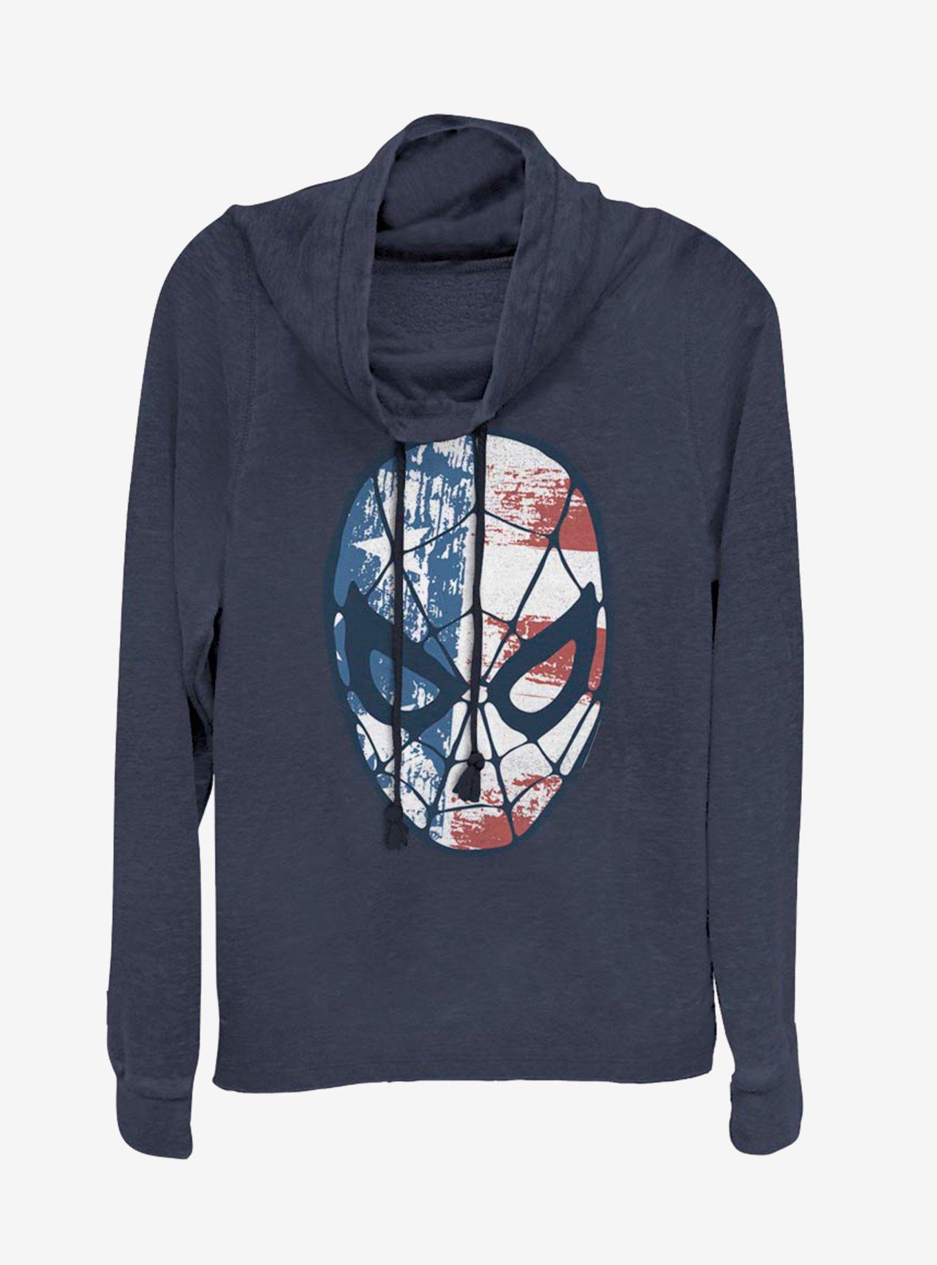 Marvel Spider-Man Spidey Americana Cowlneck Long-Sleeve Womens Top, NAVY, hi-res