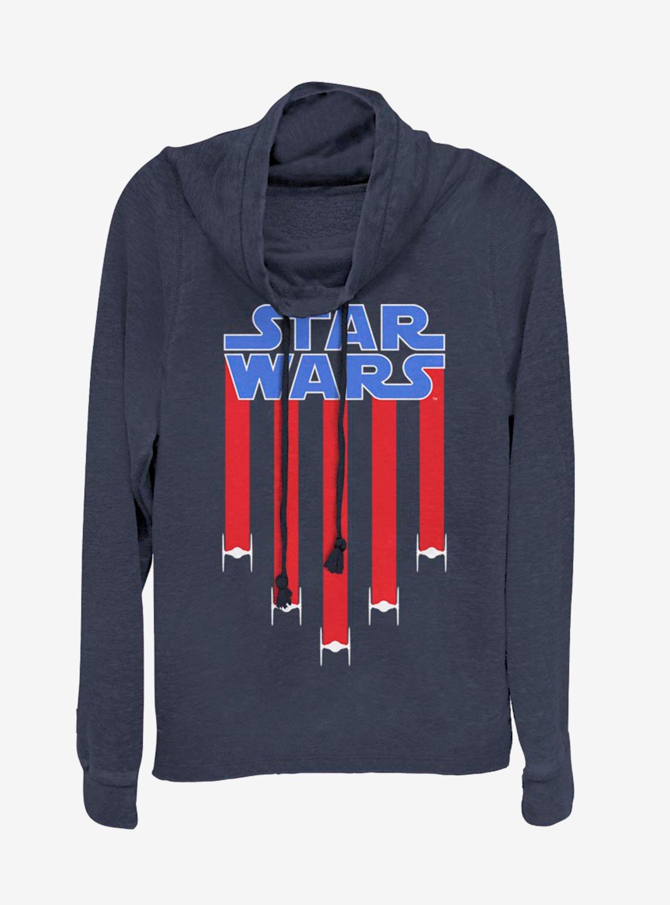 Star Wars Star Banner Cowlneck Long-Sleeve Womens Top, NAVY, hi-res