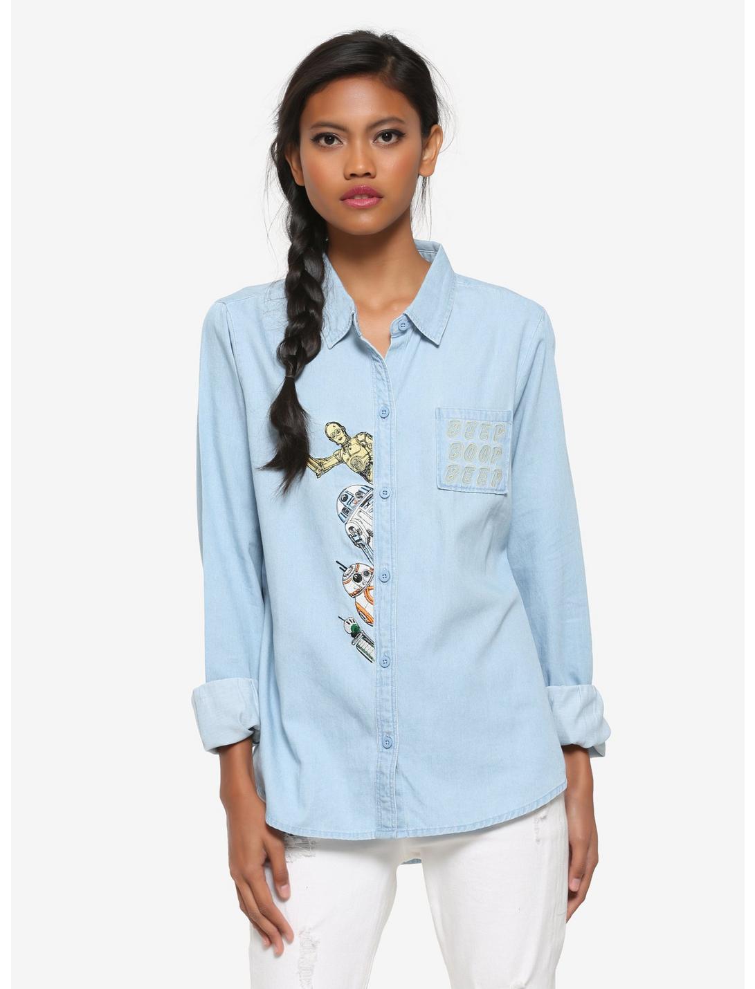 Our Universe Star Wars: The Rise of Skywalker Chambray Women's Woven Button-Up - BoxLunch Exclusive, BLUE, hi-res