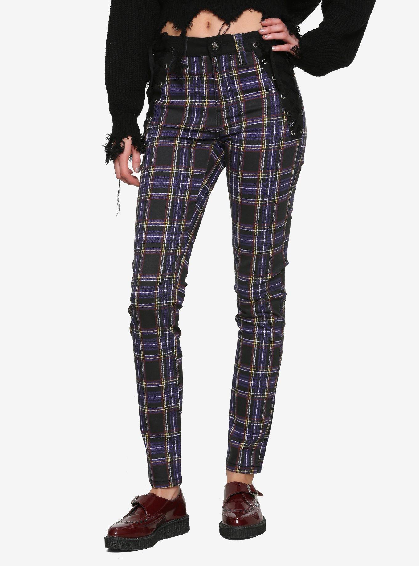 Royal Bones By Tripp Side Lace-Up Purple Plaid Pants, PLAID - PURPLE, hi-res