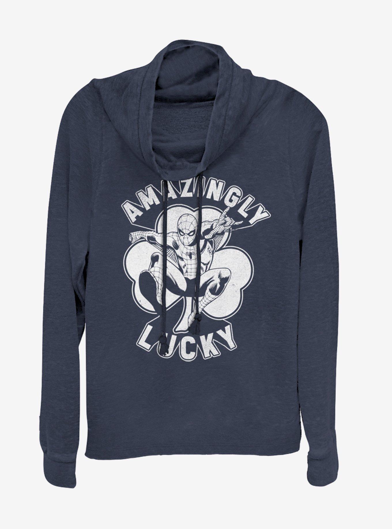 Marvel Spider-Man Lucky Spidey Cowlneck Long-Sleeve Womens Top , NAVY, hi-res