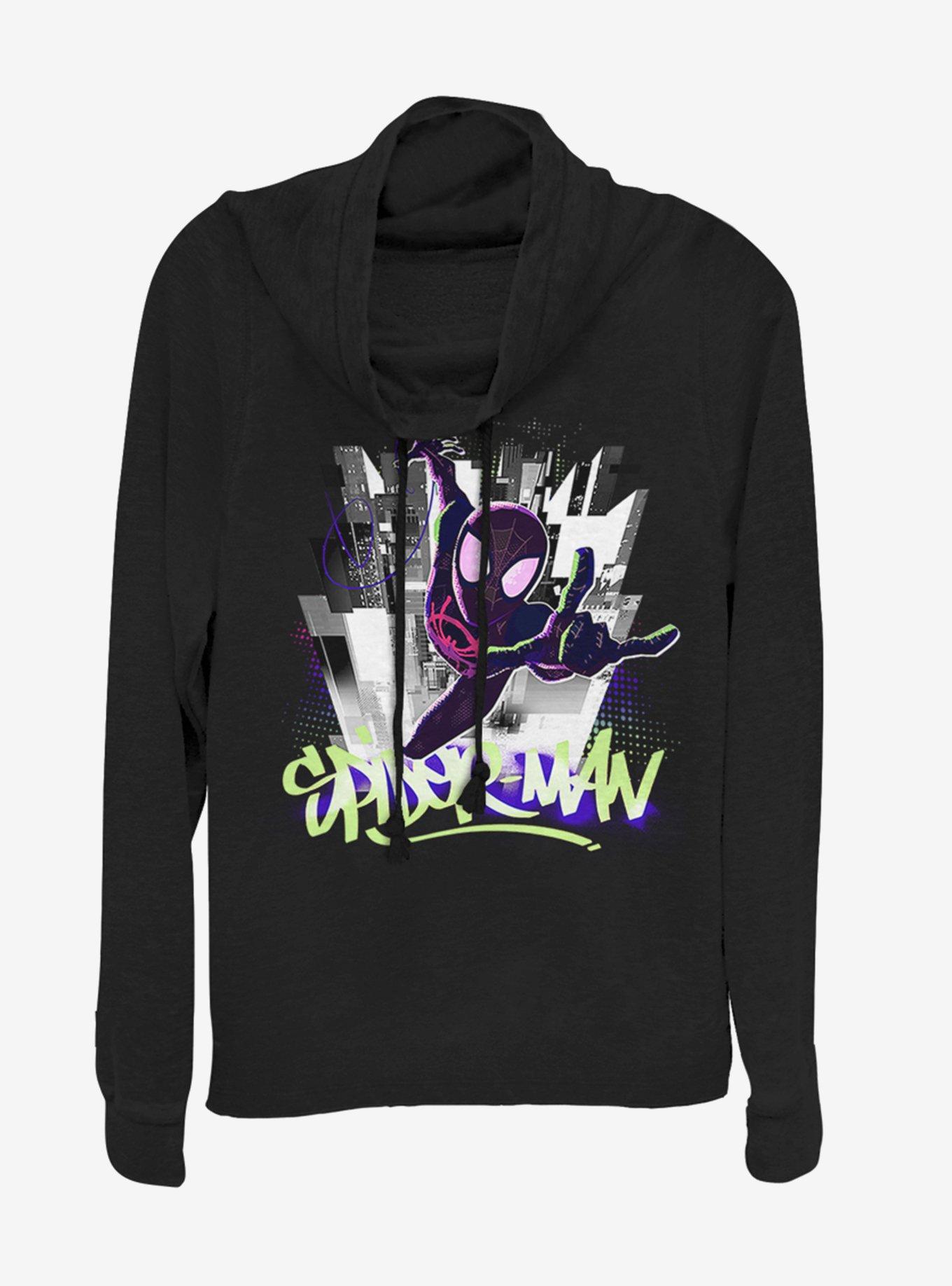 Marvel Spider-Man Brooklyn Graffiti Cowlneck Long-Sleeve Womens Top , BLACK, hi-res