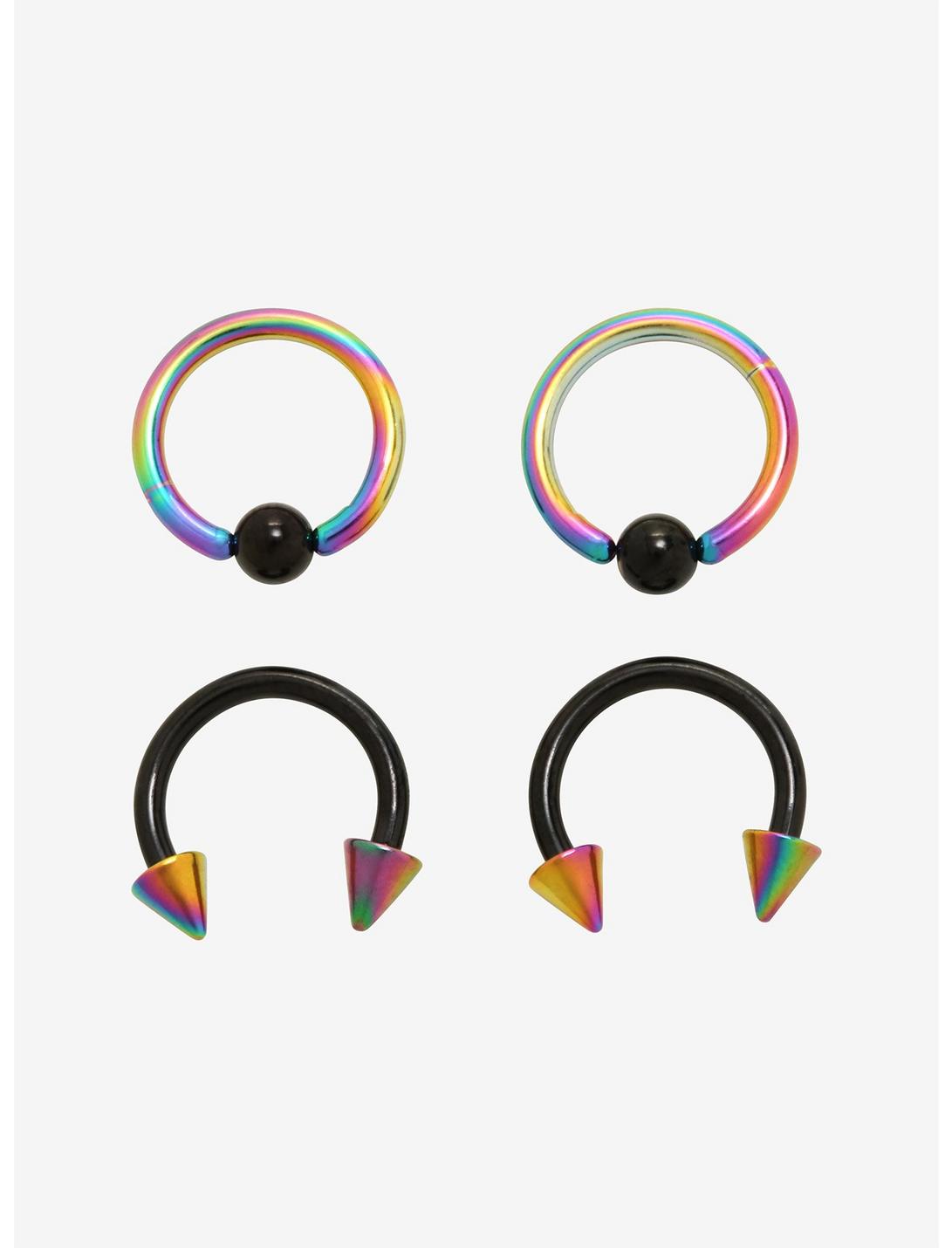 Steel Rainbow & Black Captive Hoop & Curved Barbell 4 Pack, MULTI, hi-res