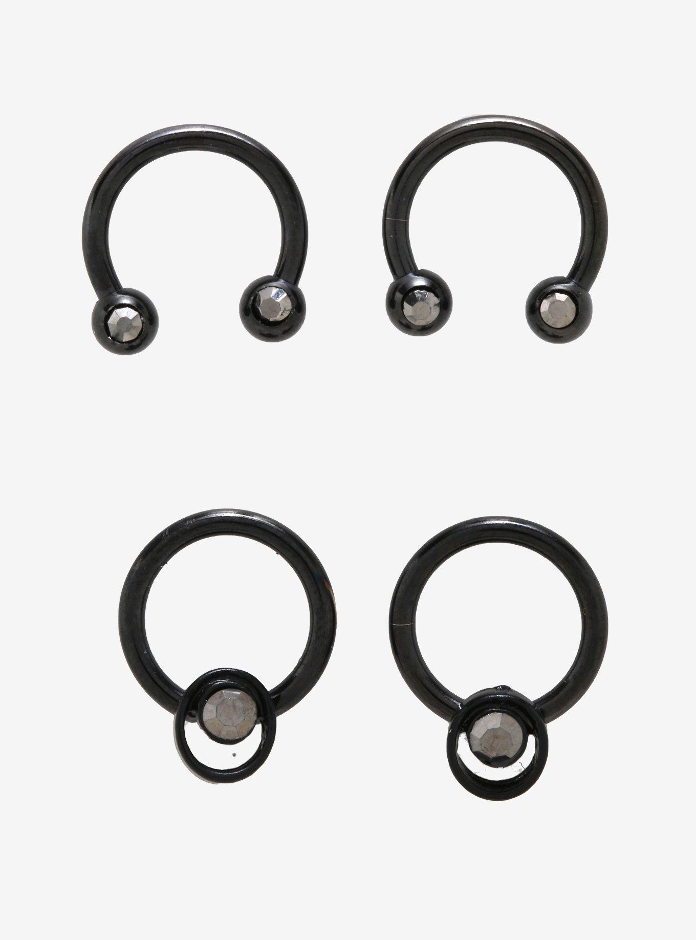 Steel Black & Smoke Gem Hoop & Circular Barbell 4 Pack, SILVER, hi-res