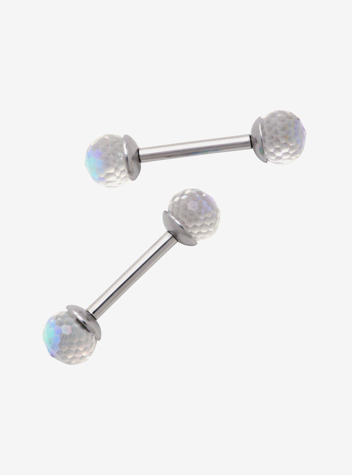 14G Steel Iridescent Crystal Nipple Barbell 2 Pack, , hi-res