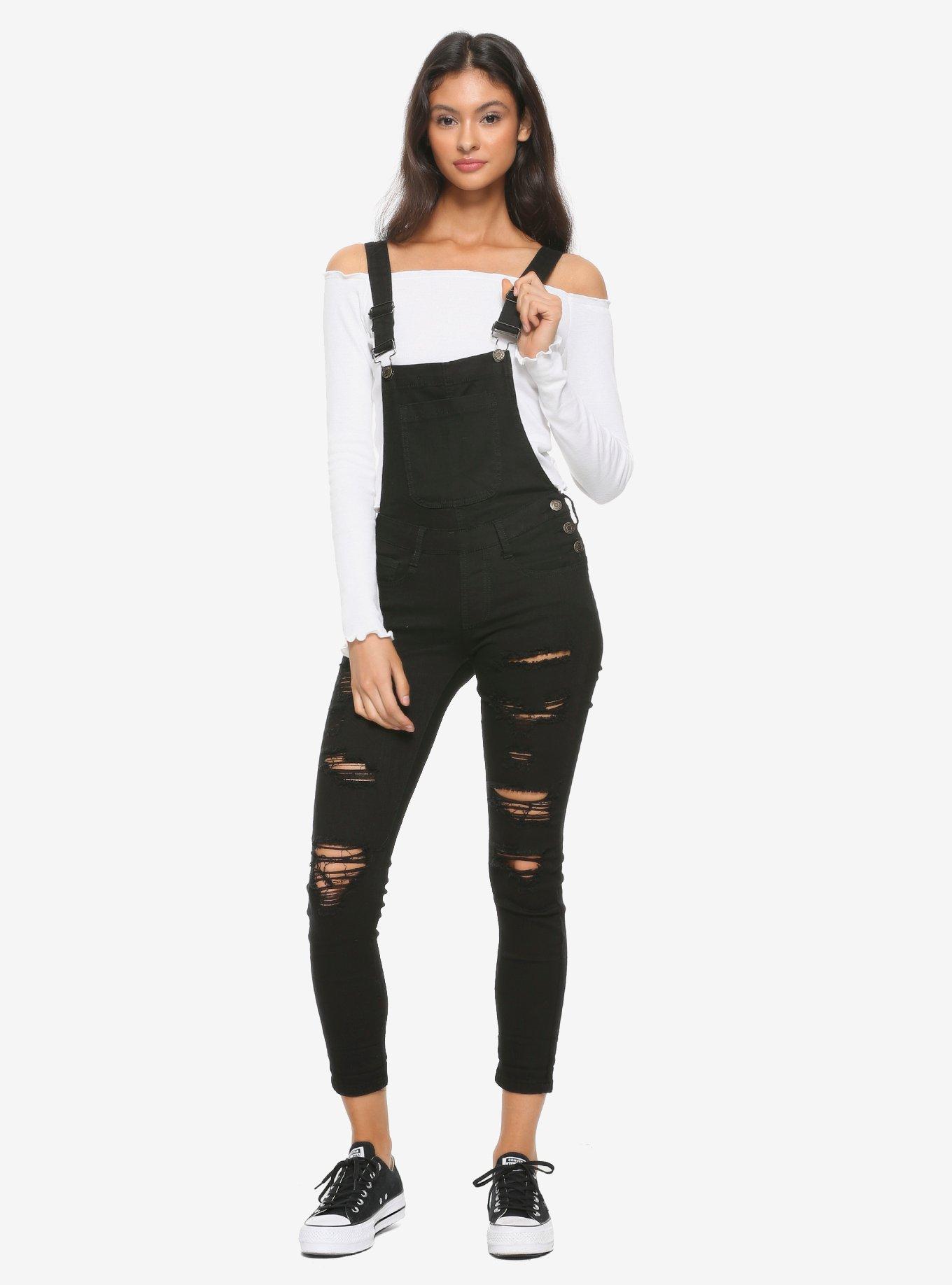 Black Destructed Overalls, BLACK, hi-res