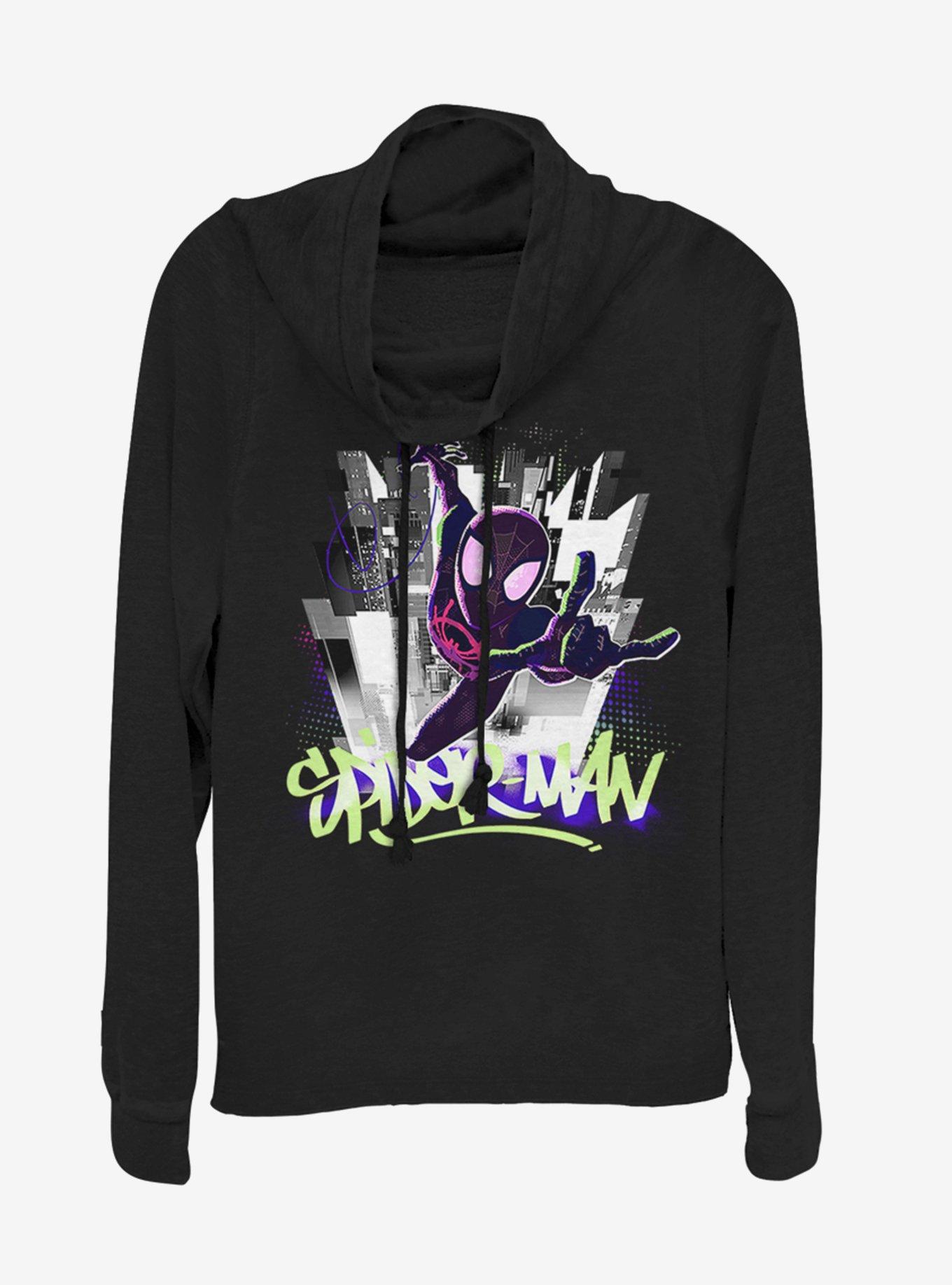 Marvel Spider-Man Brooklyn Graffiti Cowl Neck Long-Sleeve Girls Top, BLACK, hi-res