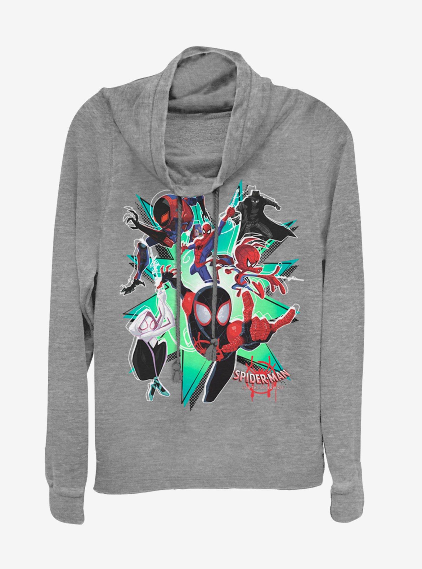 Marvel Spider-Man Group Spider-Verse Cowl Neck Long-Sleeve Girls Top, GRAY HTR, hi-res