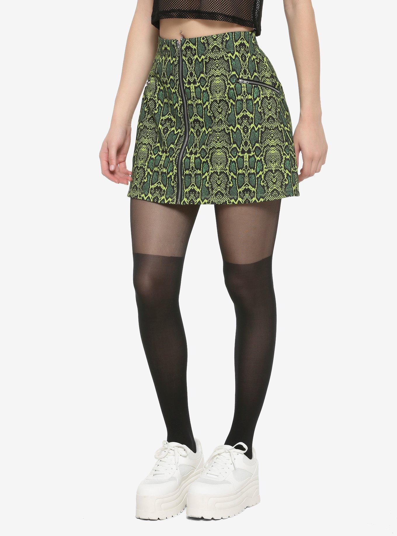 Green Snake Print Zip-Up Skirt, GREEN, hi-res