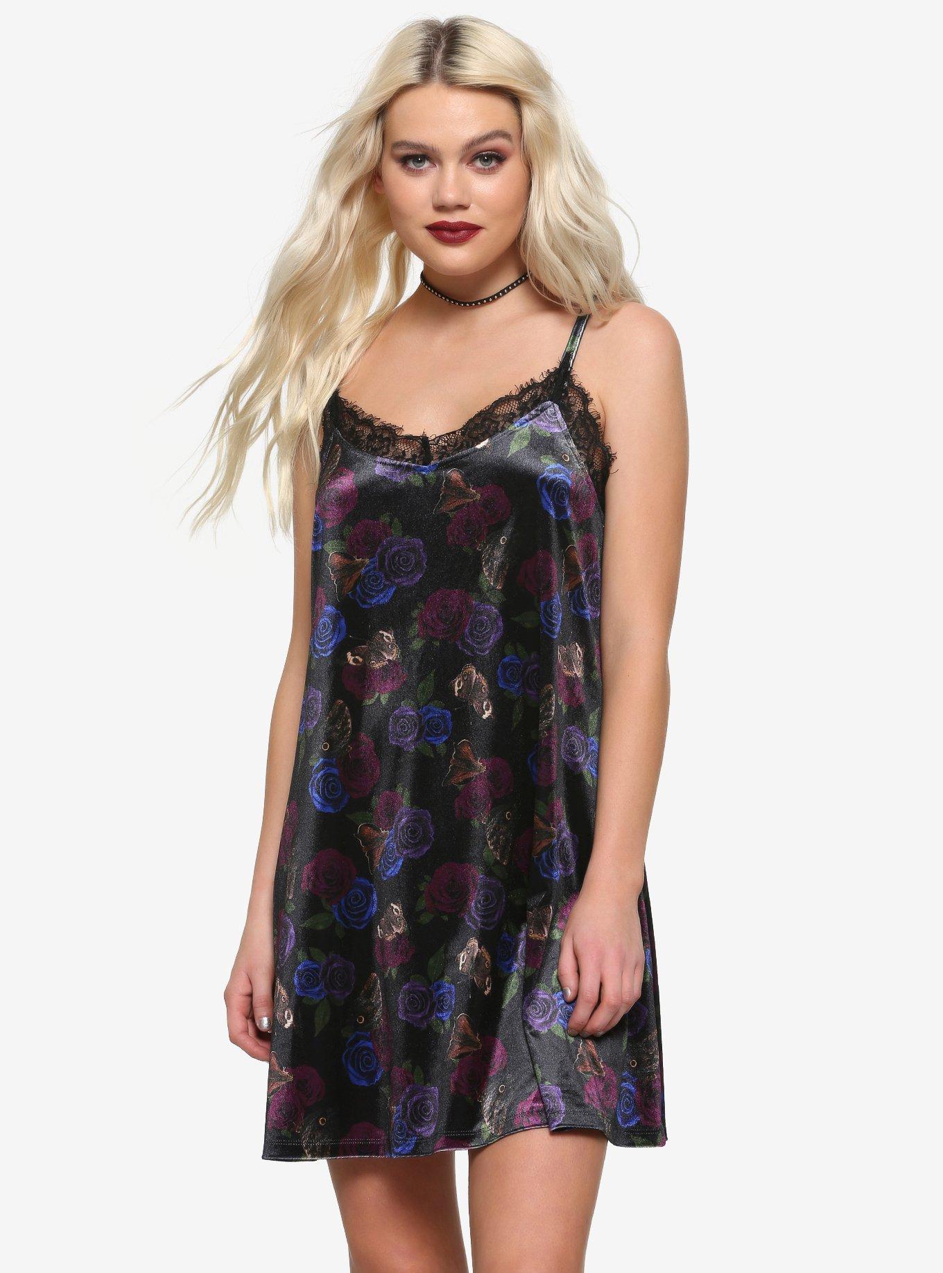 Roses & Butterflies Velvet Slip Dress, FLORAL, hi-res