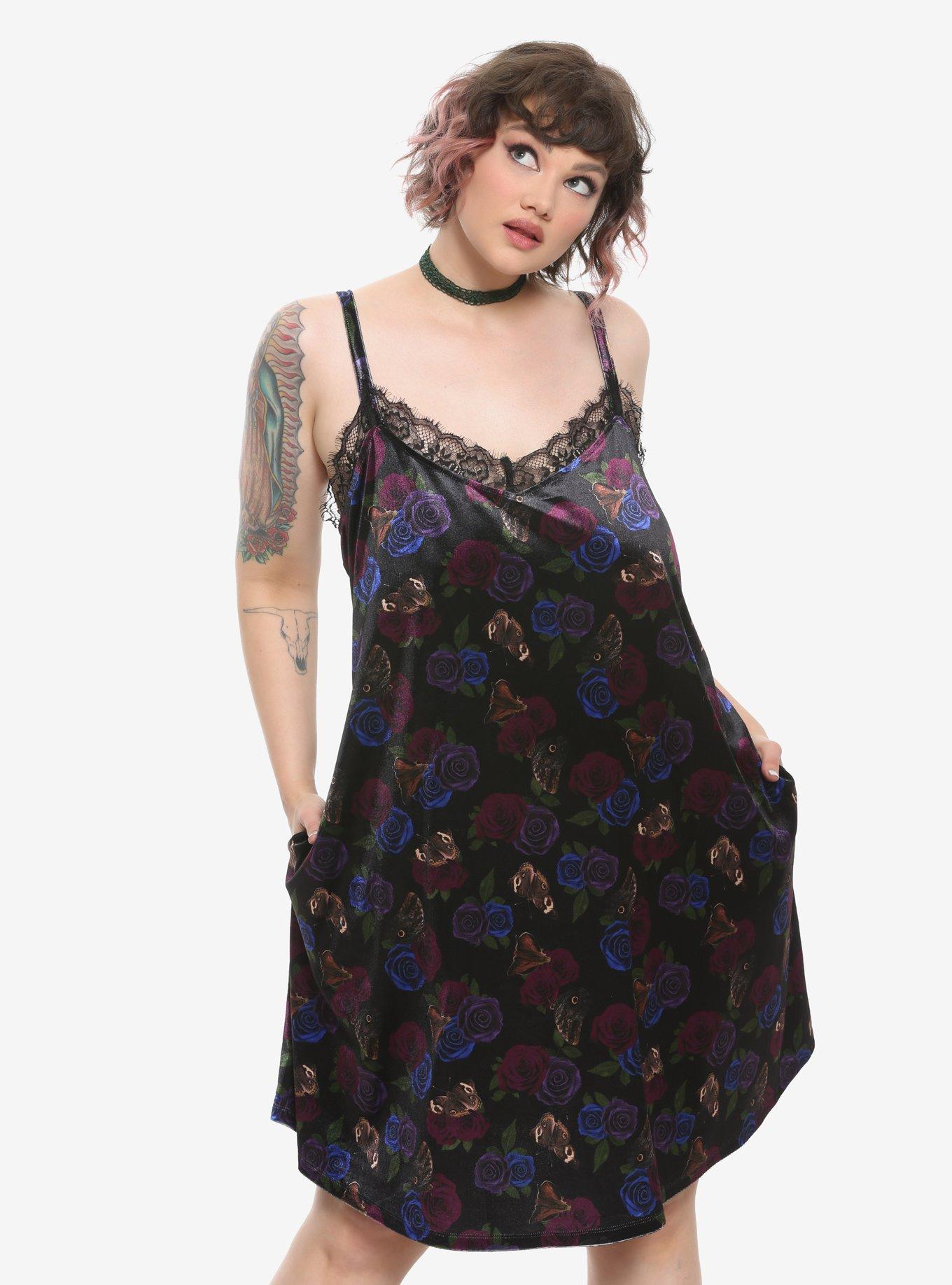 Roses & Butterflies Velvet Slip Dress Plus Size, FLORAL, hi-res