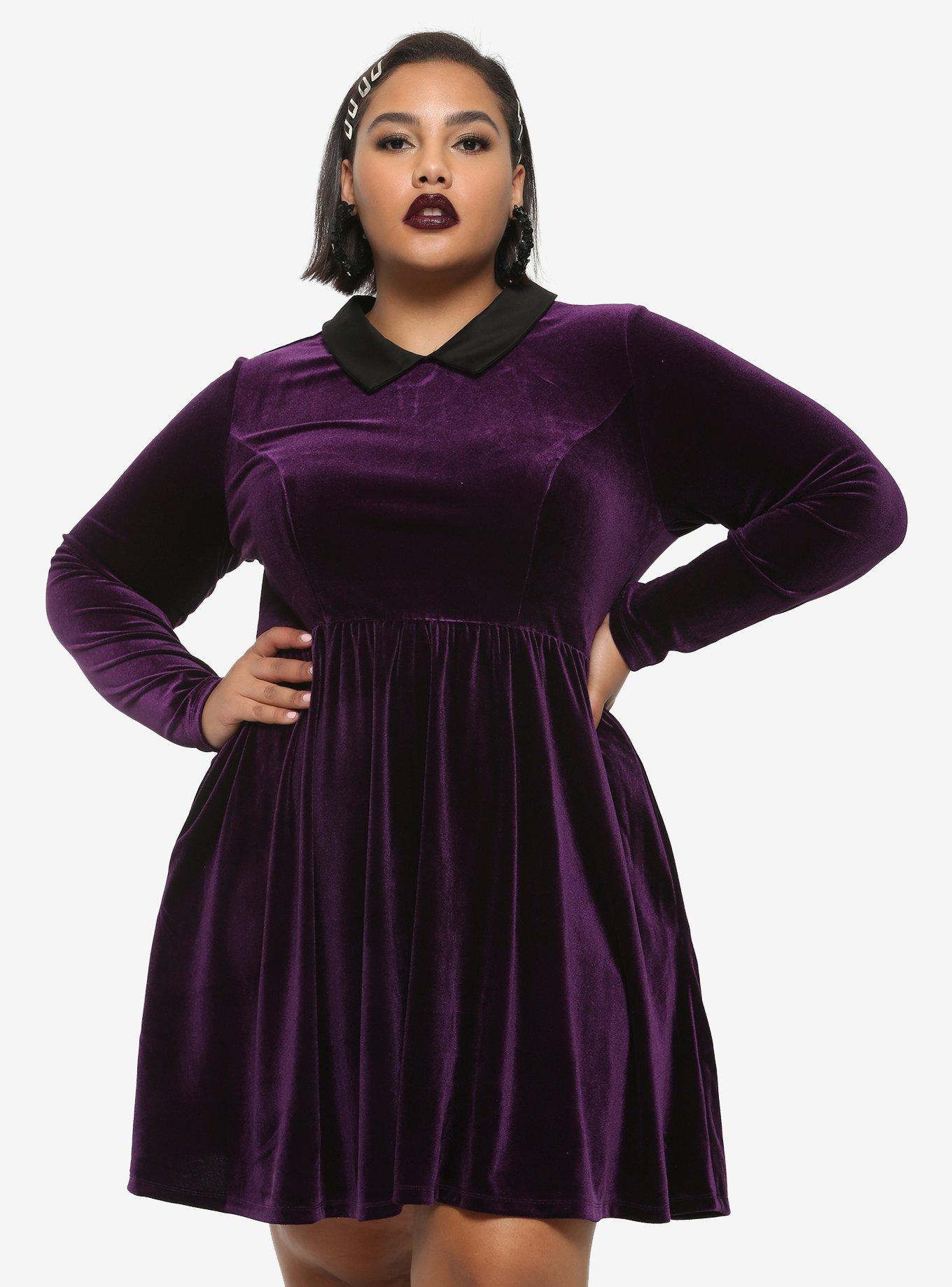 Purple Velvet Long-Sleeve Dress Plus Size, PURPLE, hi-res