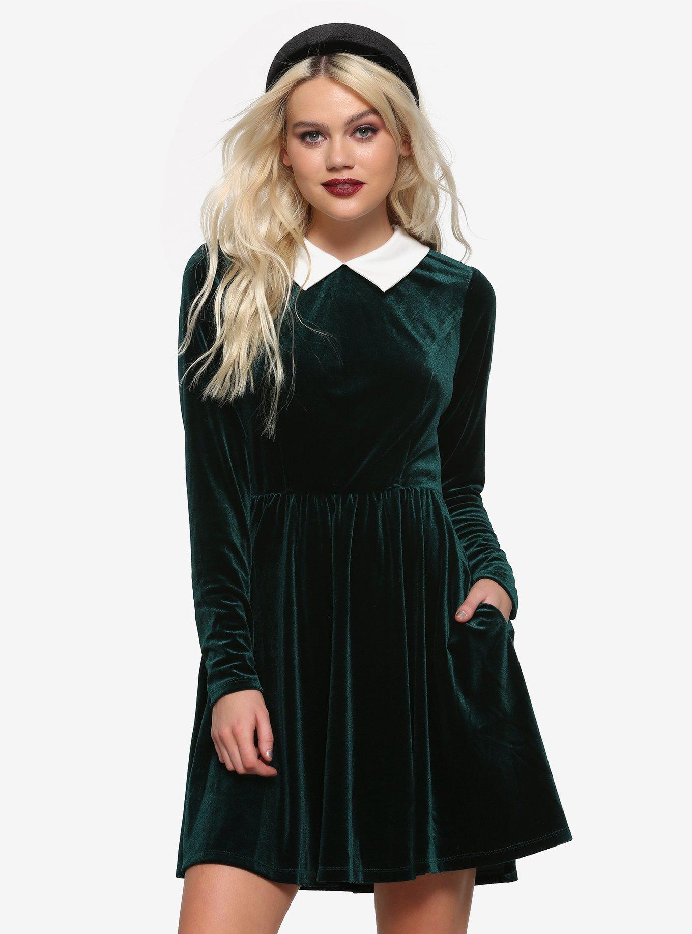 Green Velvet Long-Sleeve Dress, FOREST GREEN, hi-res
