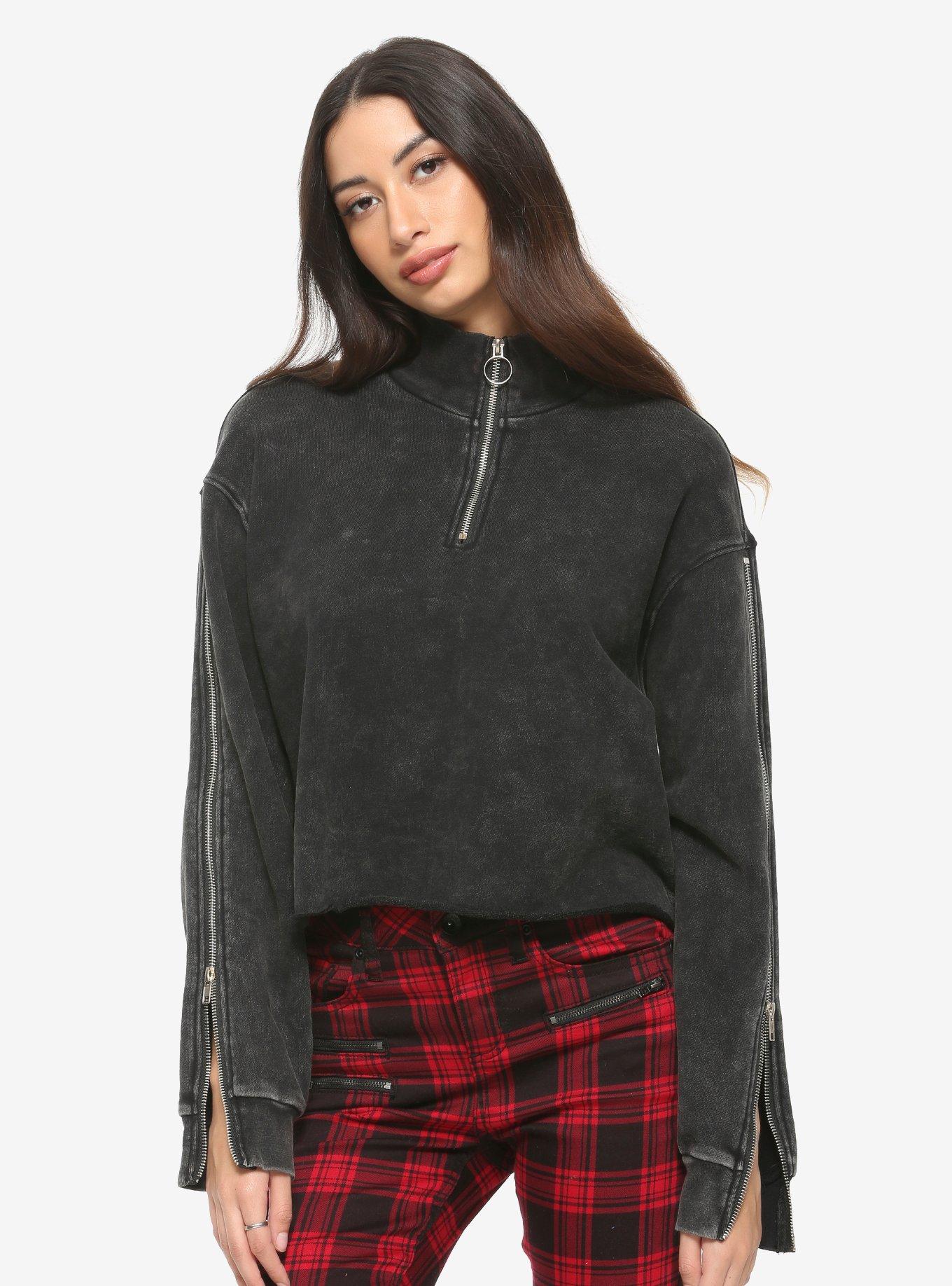 All The Zippers Acid Wash Girls Crop Sweatshirt, BLACK, hi-res