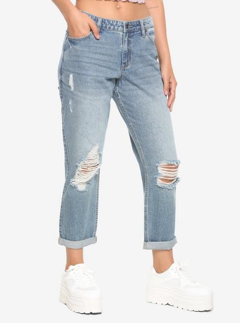 HT Denim Indigo Destructed Boyfriend Jeans | Hot Topic