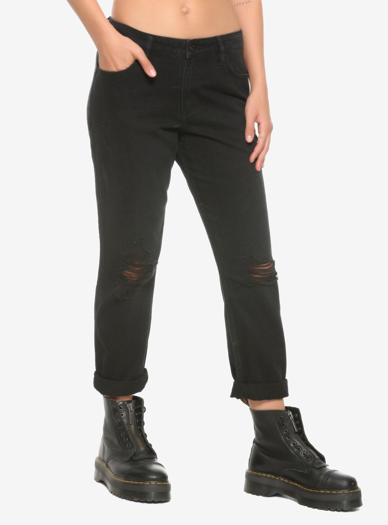 HT Denim Black Destructed Boyfriend Jeans, BLACK, hi-res