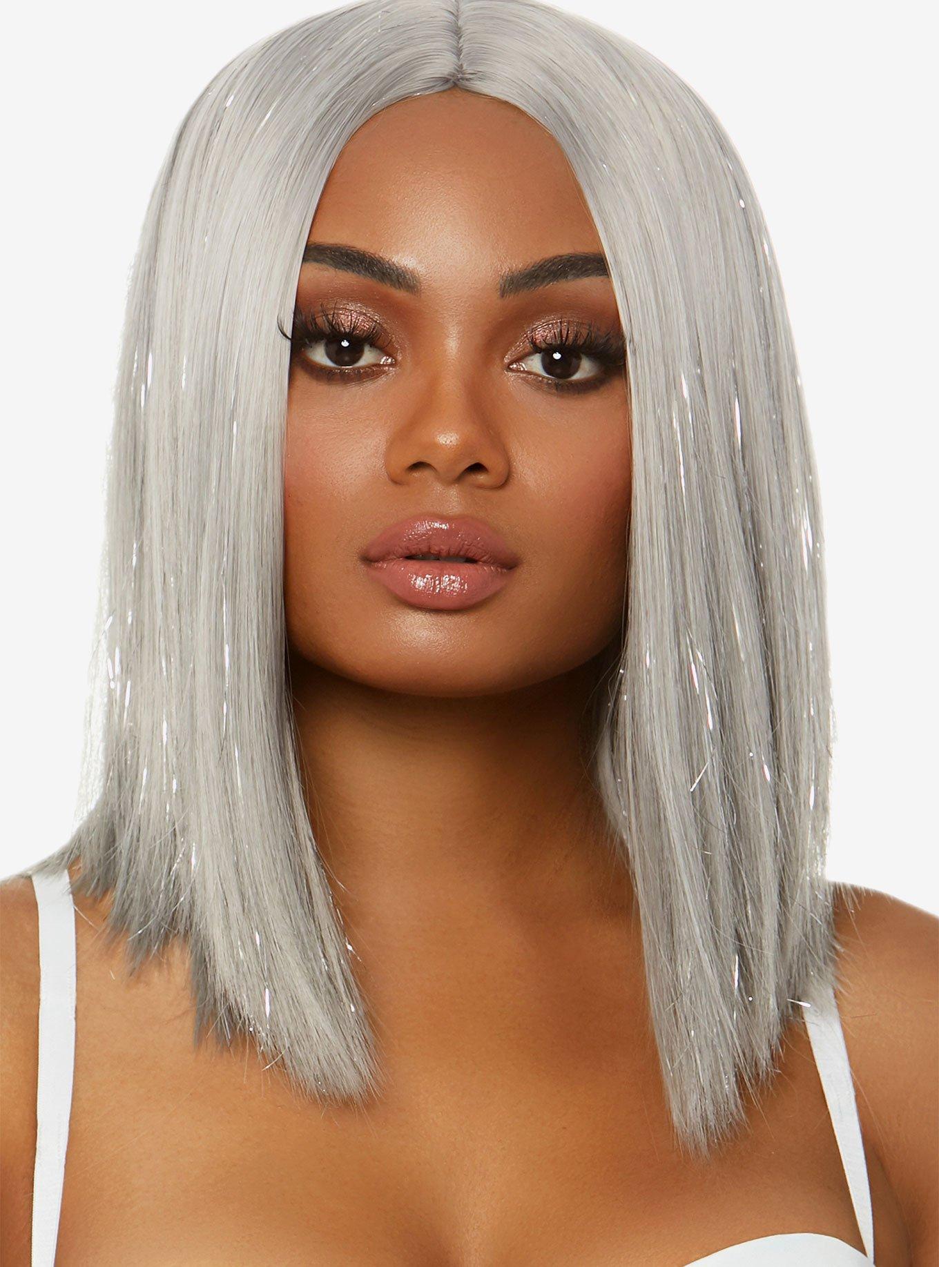 Silver Center Part Long Bob Wig With Tinsel, , hi-res