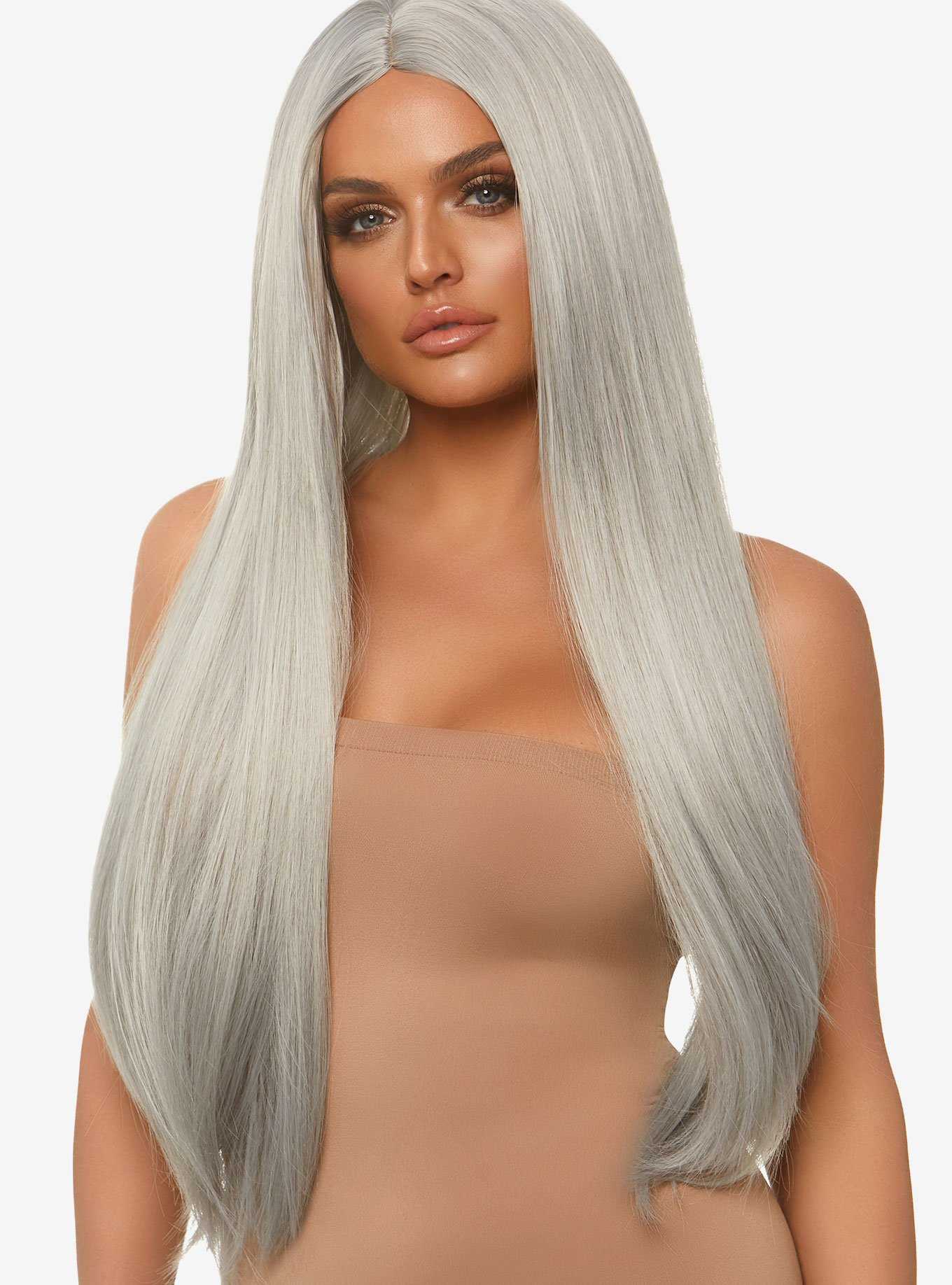 Grey Long Straight Center Part Wig, , hi-res
