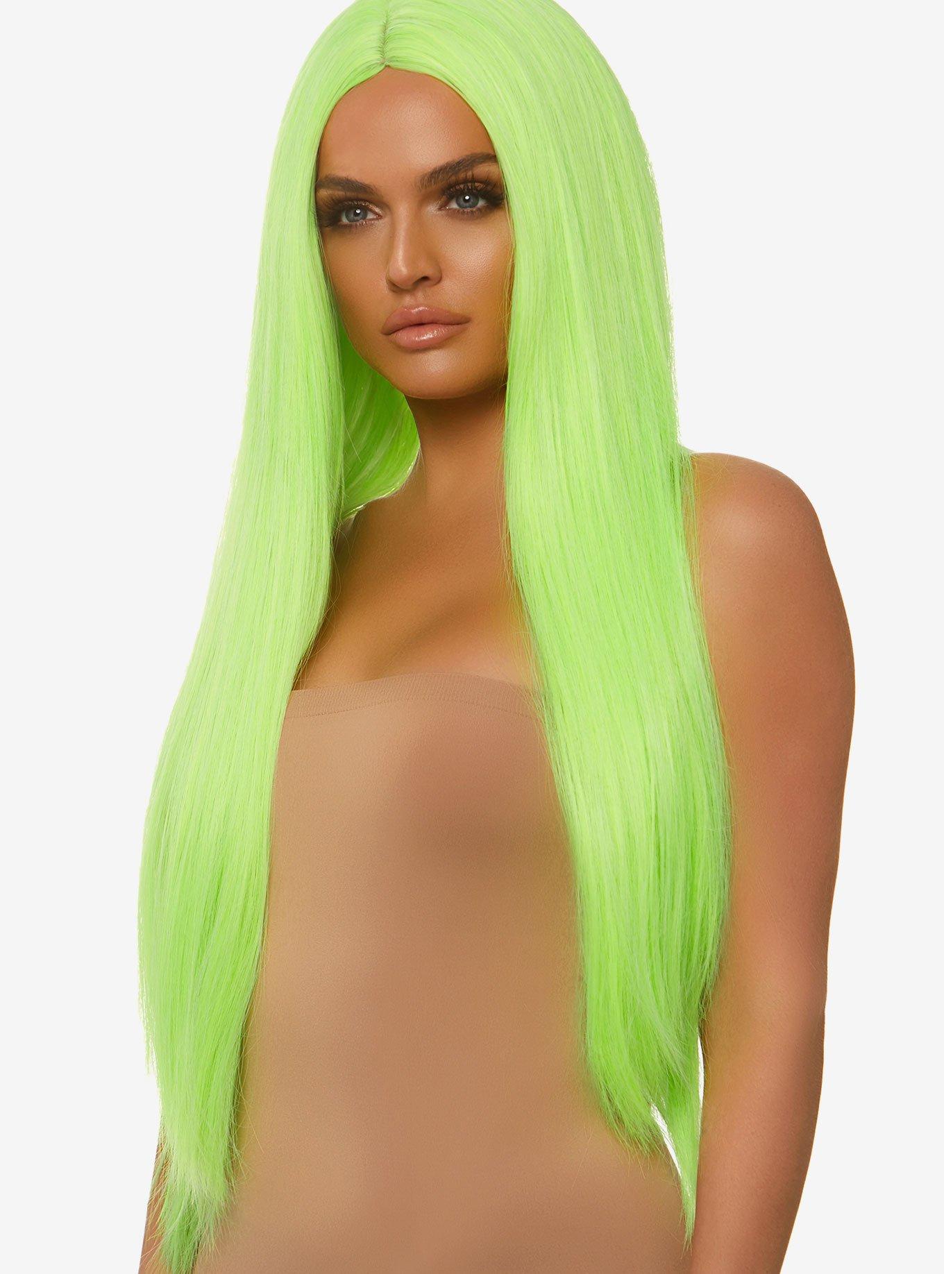 Neon Green Long Straight Center Part Wig, , hi-res
