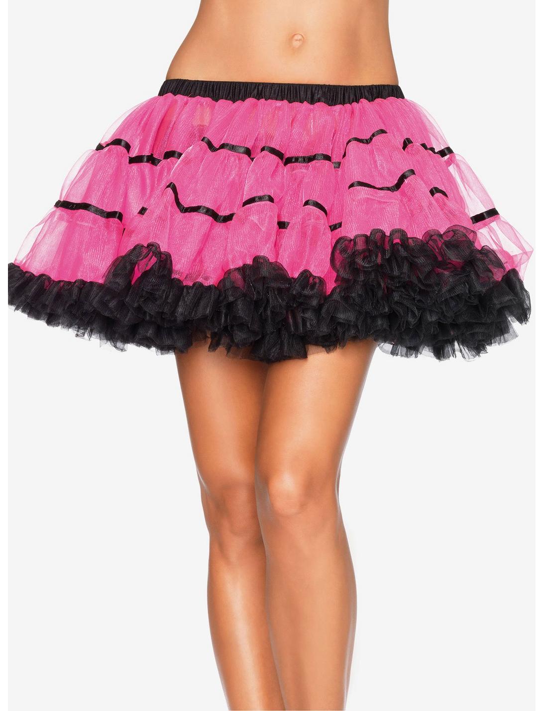 Black & Pink Layered Satin Striped Tulle Petticoat, , hi-res
