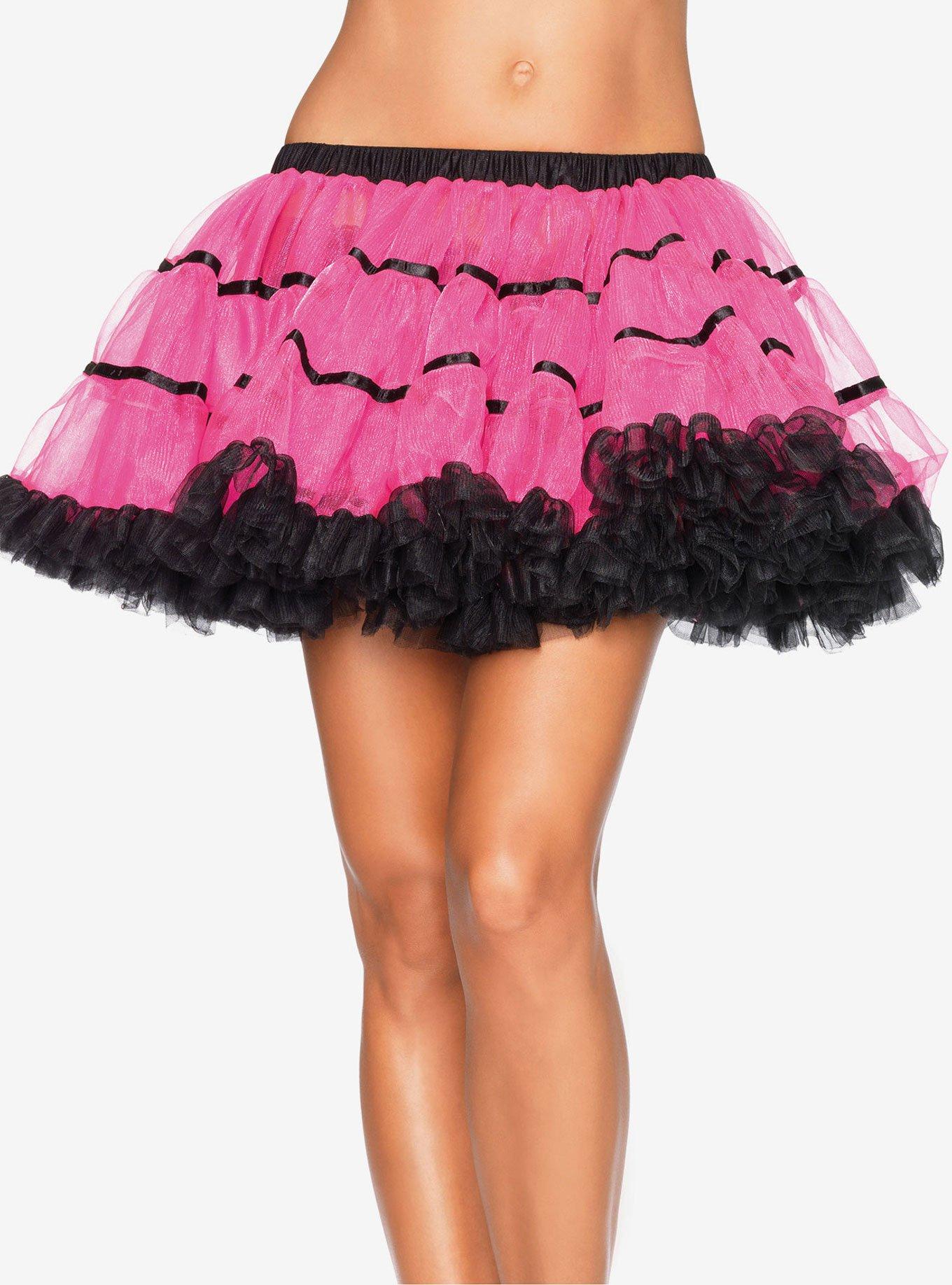 Black & Pink Layered Satin Striped Tulle Petticoat, , hi-res