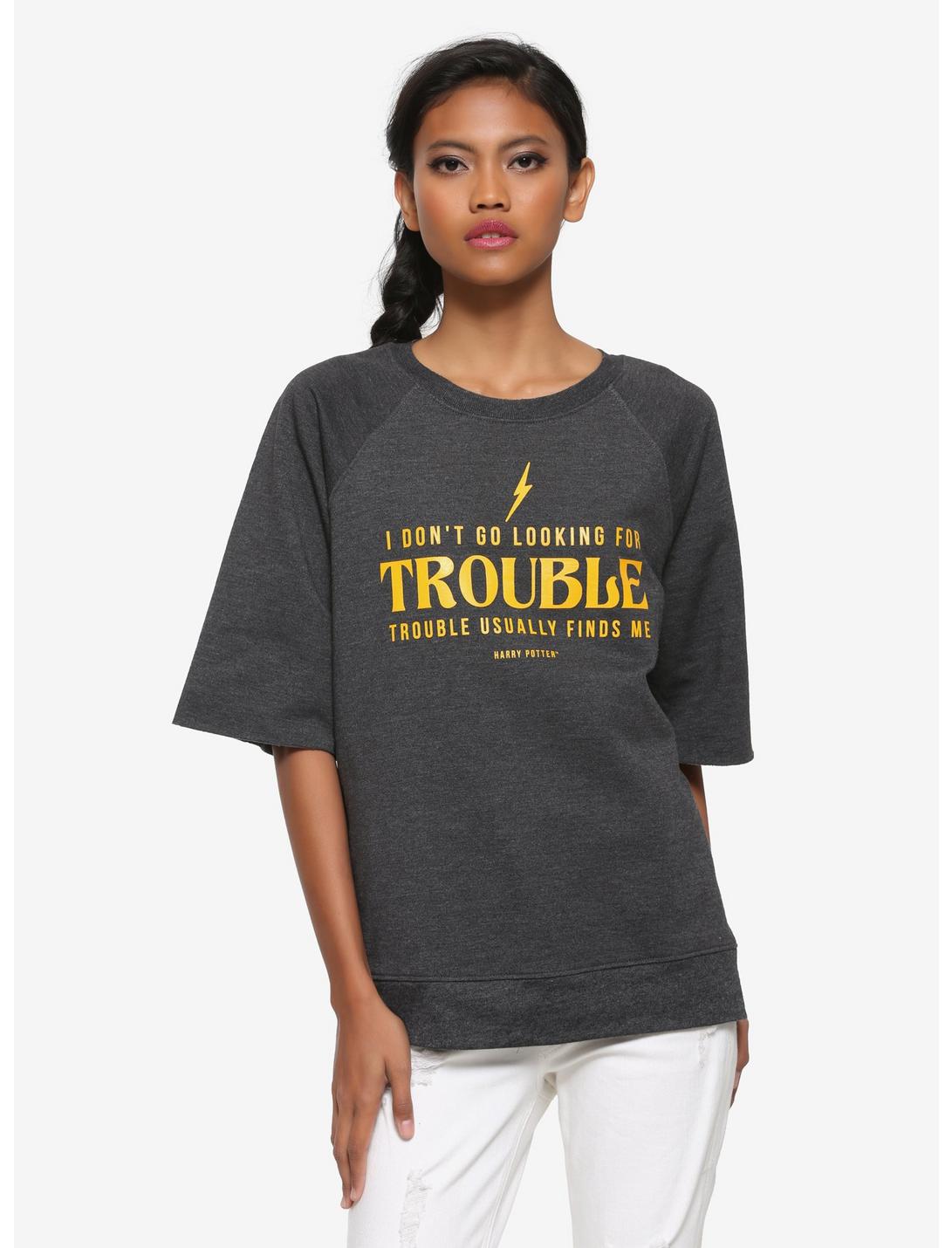 Harry Potter Trouble Usually Finds Me Women's Short Sleeve Sweater - BoxLunch Exclusive, CHARCOAL, hi-res