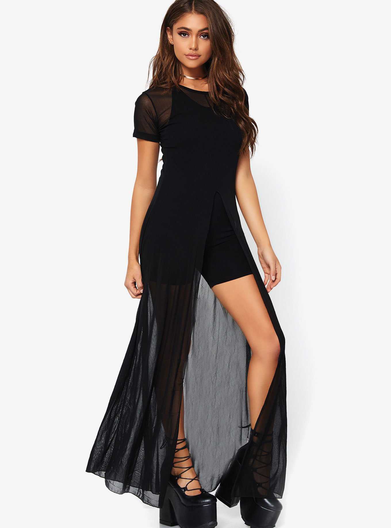 Black Sheer High Slit Dress, , hi-res