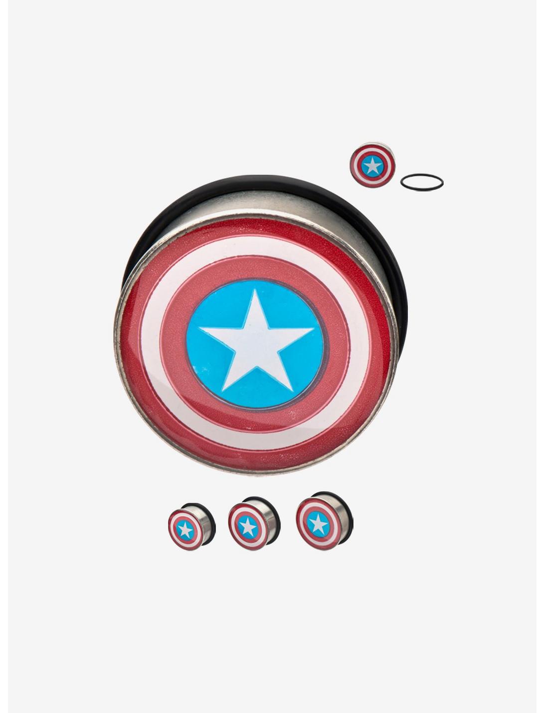 Marvel Single Flare Steel Captain America Logo Plugs, RED  WHITE  BLUE, hi-res