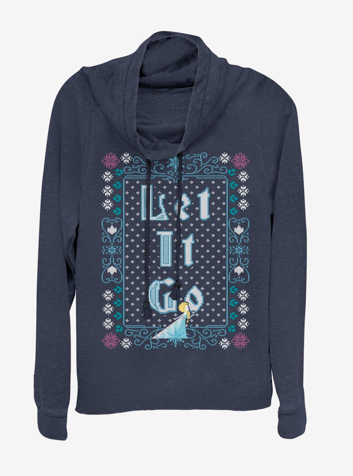 Disney Frozen Let It Go Ugly Sweater Cowl Neck Long-Sleeve Girls Top, NAVY, hi-res