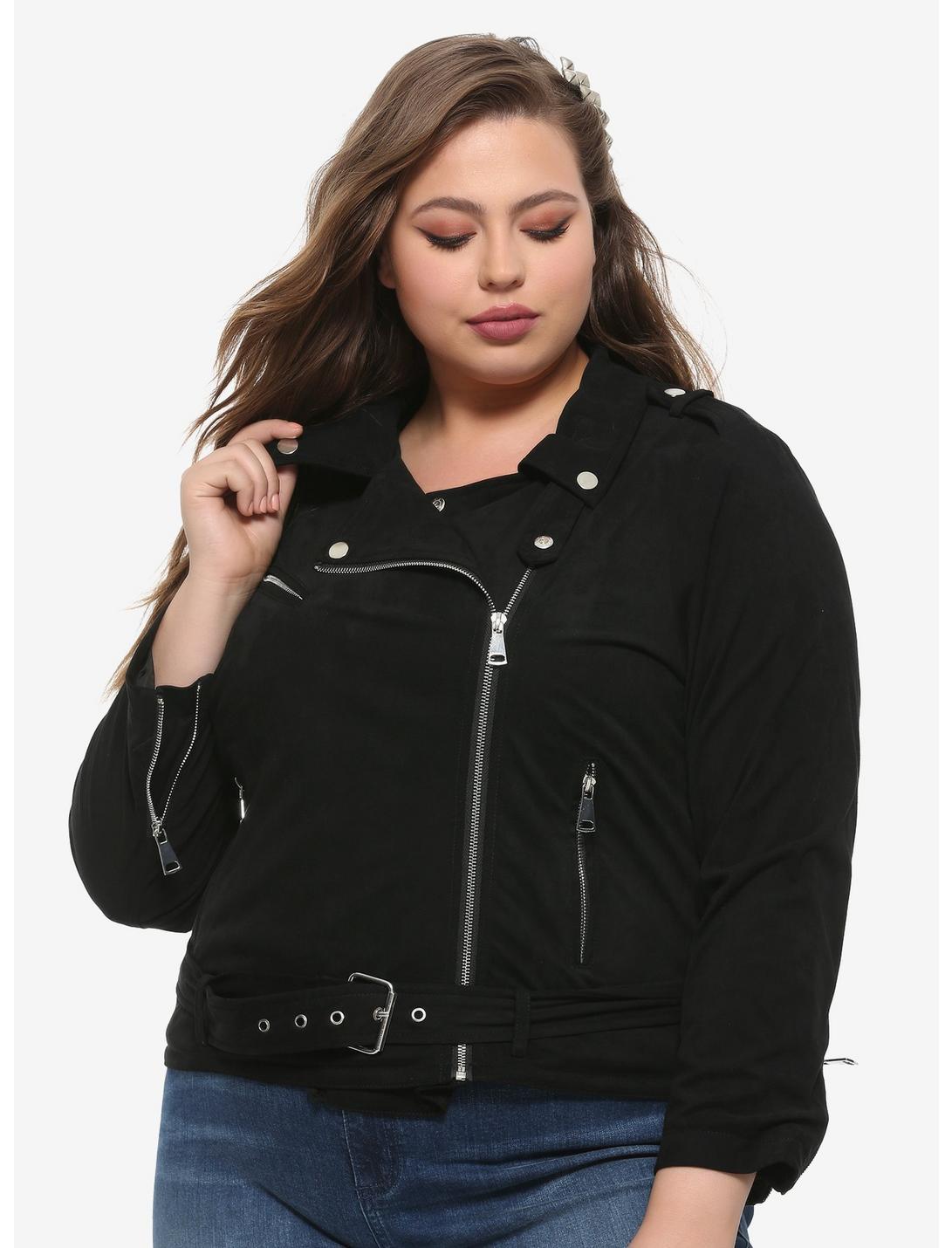 Black Faux Suede Girls Moto Jacket Plus Size, BLACK, hi-res
