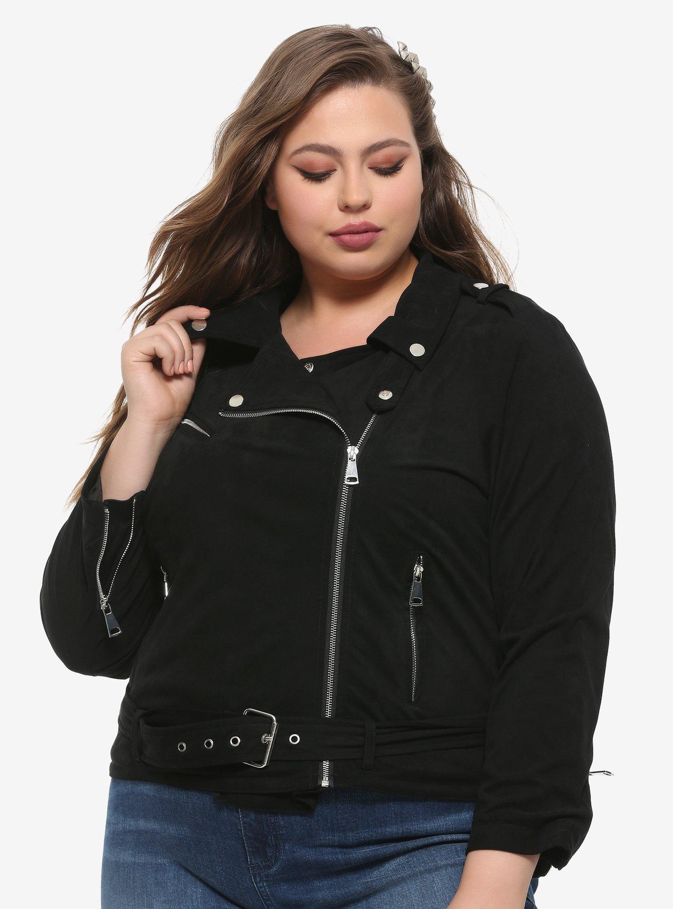 Black Faux Suede Girls Moto Jacket Plus Size, BLACK, hi-res